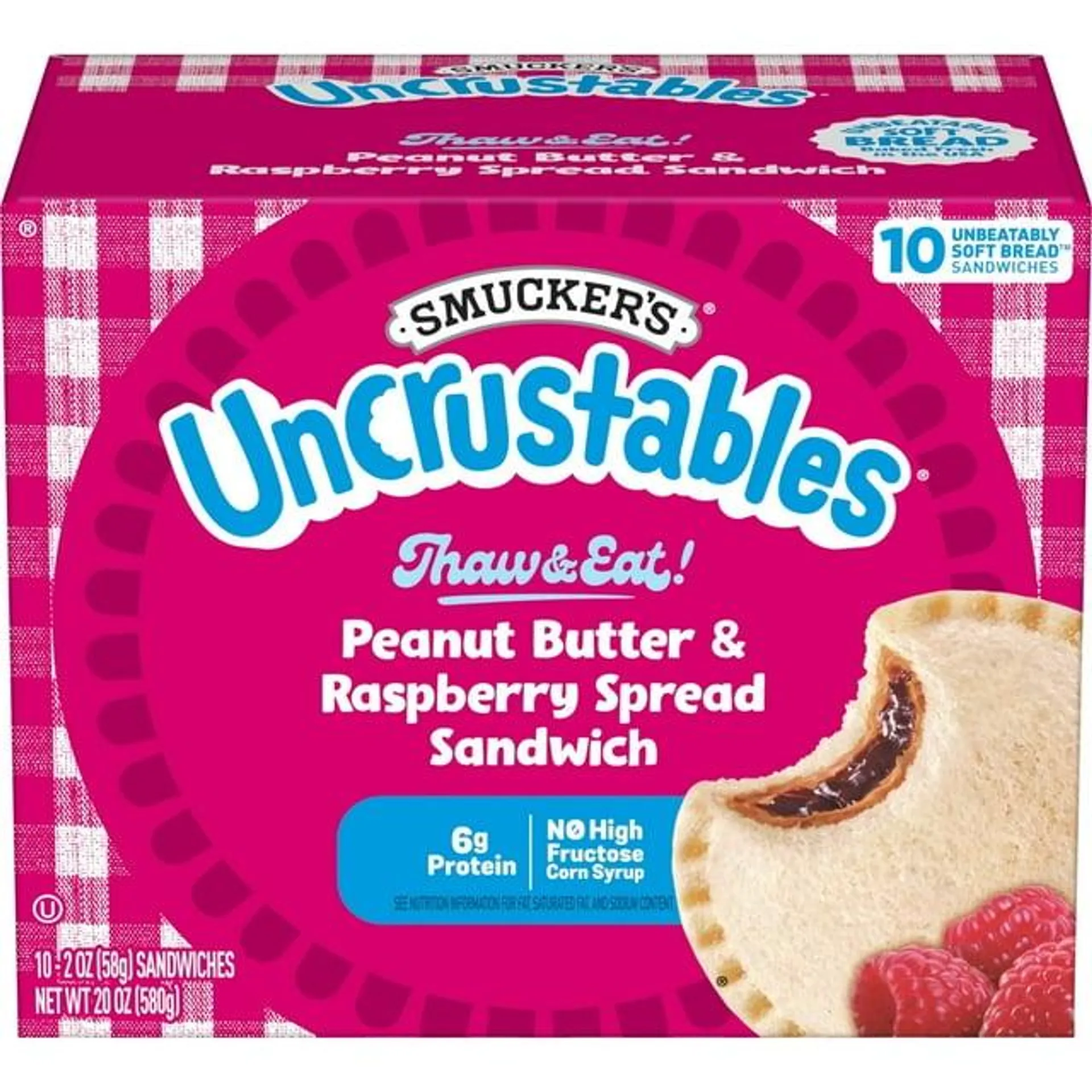 Smucker's Uncrustables Peanut Butter and Raspberry Sandwich, 2.0 oz, 10 count (Frozen)