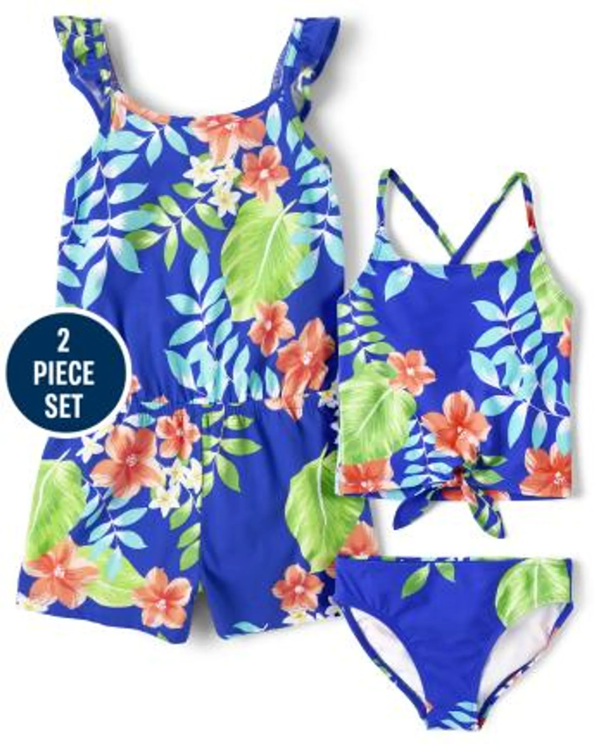 Girls Tropical 2-Piece Swim Set - cool cobalt