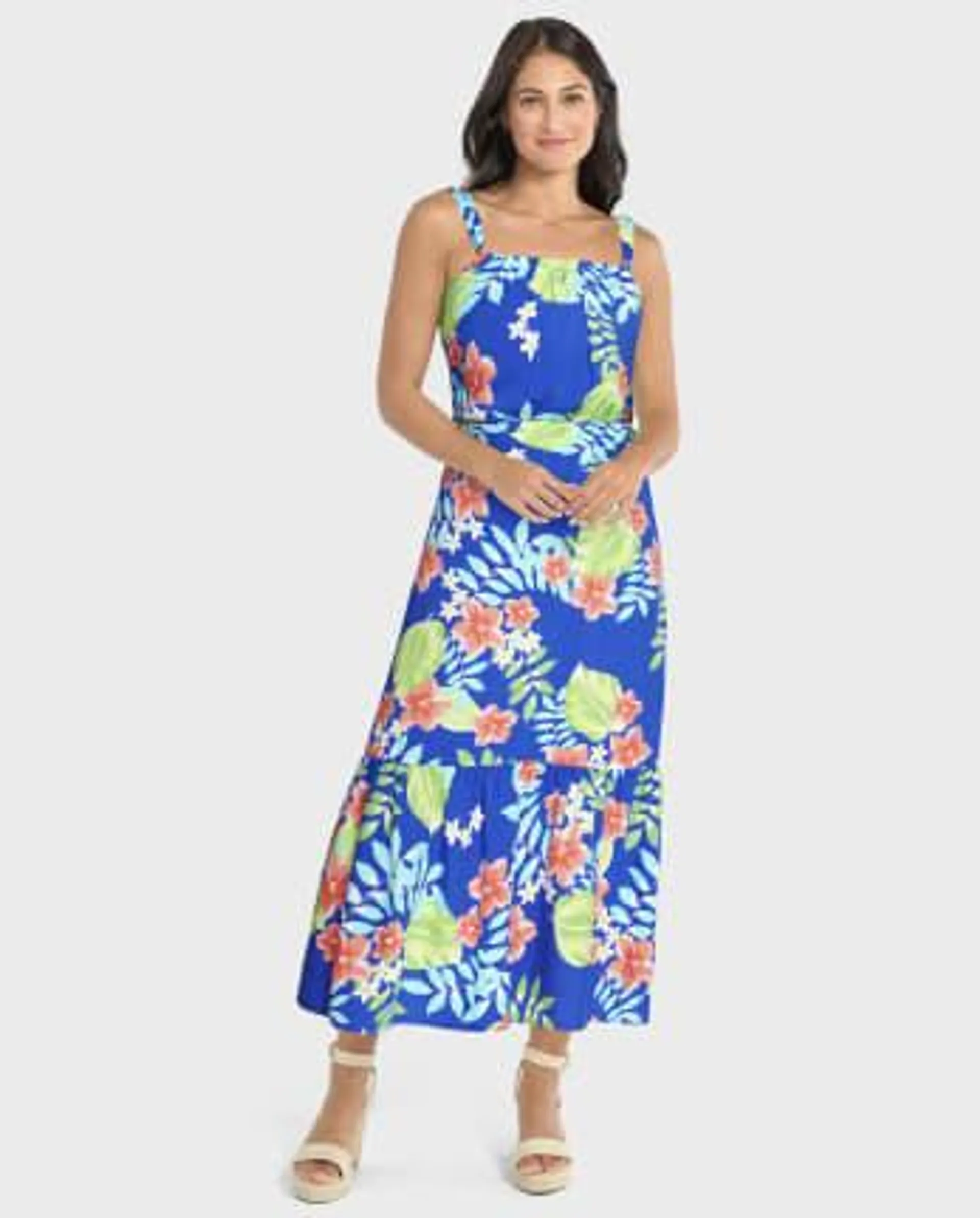 Womens Matching Family Tropical Midi Tiered Dress - cool cobalt