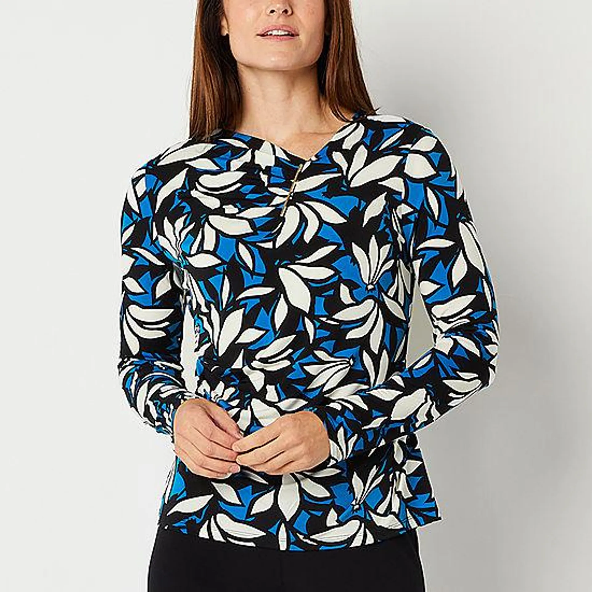 Liz Claiborne Womens Asymmetrical Neck Long Sleeve Blouse