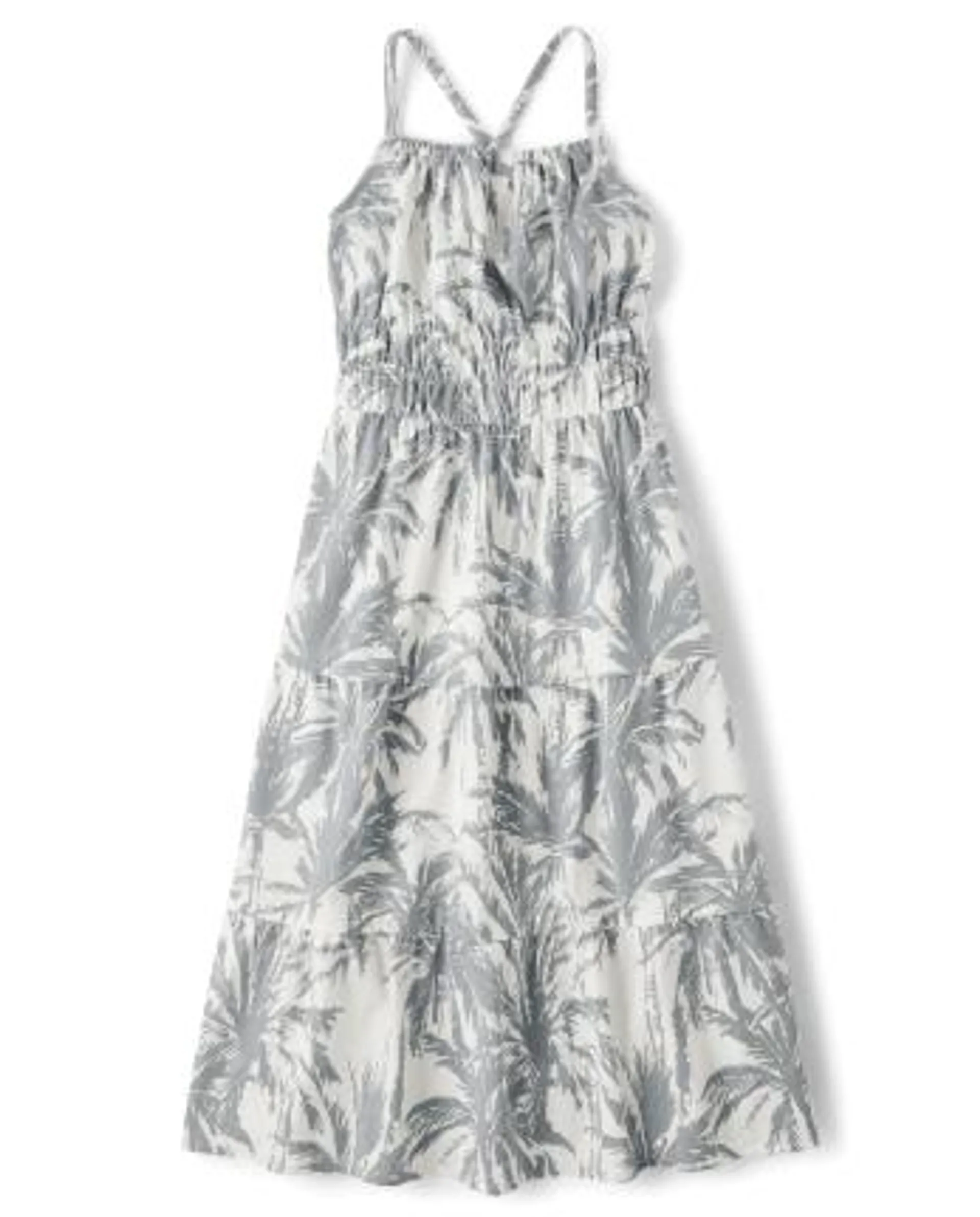 Girls Matching Family Palm Tree Maxi Tiered Dress - fin gray