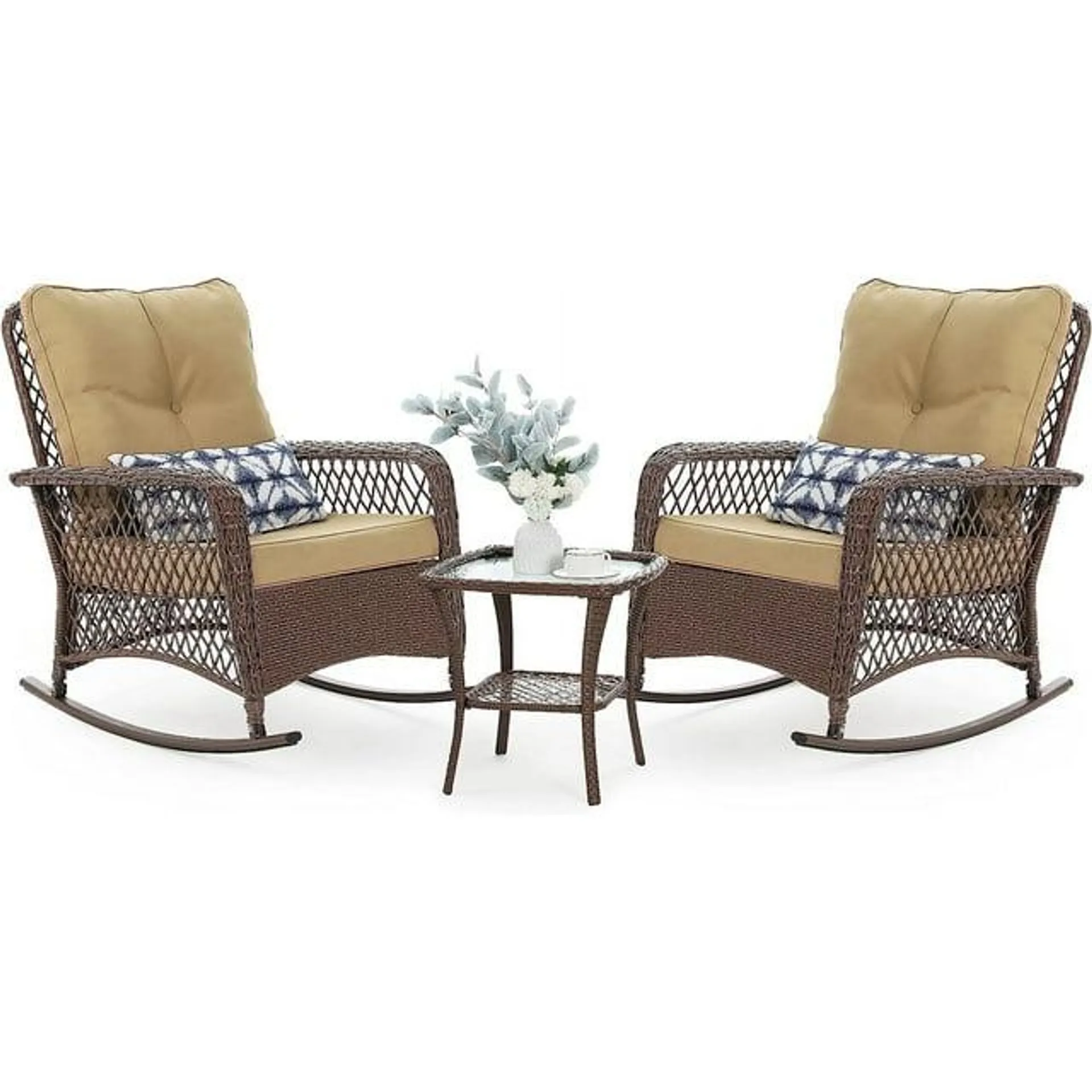 Techmilly 3-Piece Outdoor Rocking Chairs, Wicker Patio Furniture with Thickened Cushions and Table for Porch (Khaki)