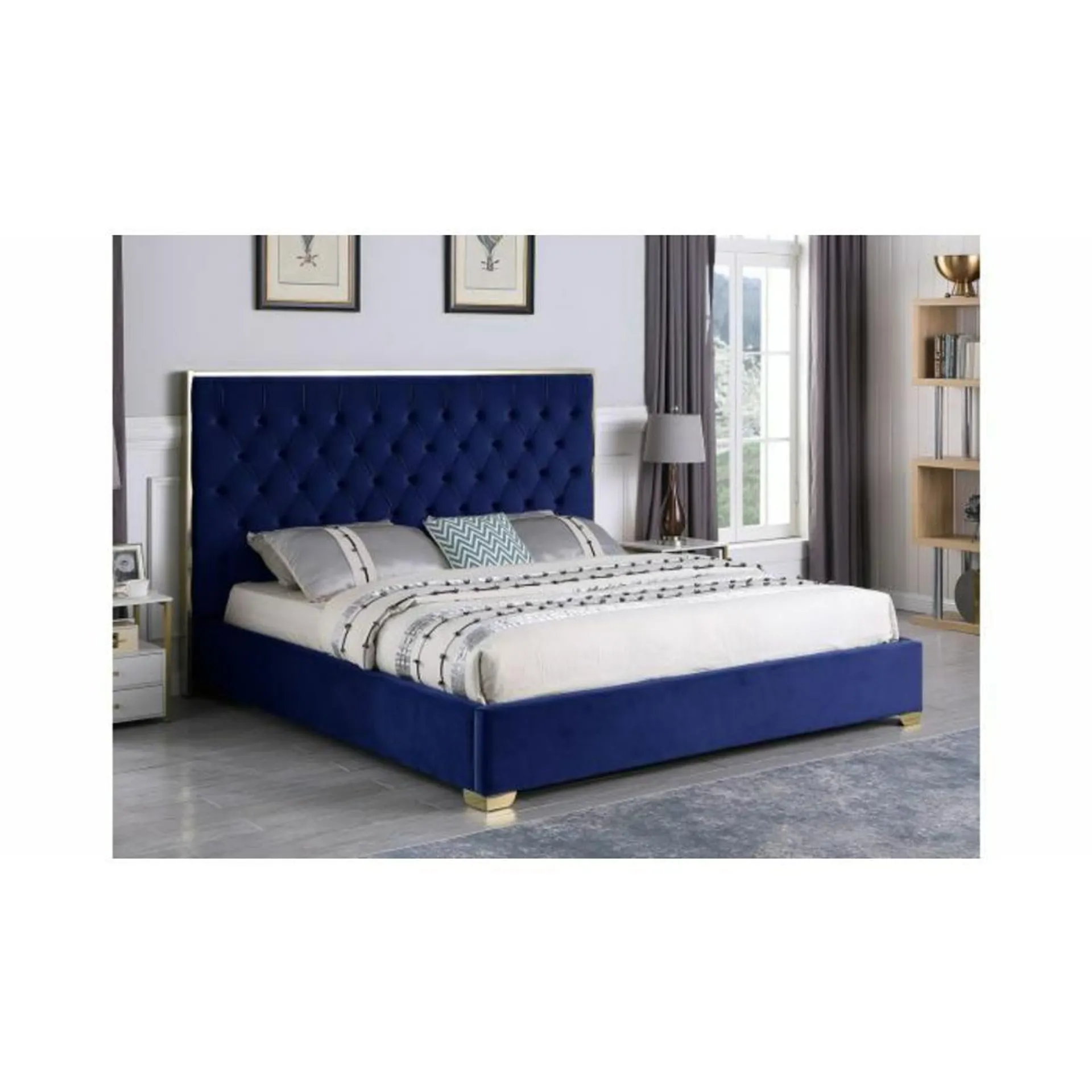 Esofastore Luxurious Upholstered Cal King Size Bed, Gold Frame Legs & Tufted Headboard, Platform Bed Frame, Bedroom Furniture, Blue