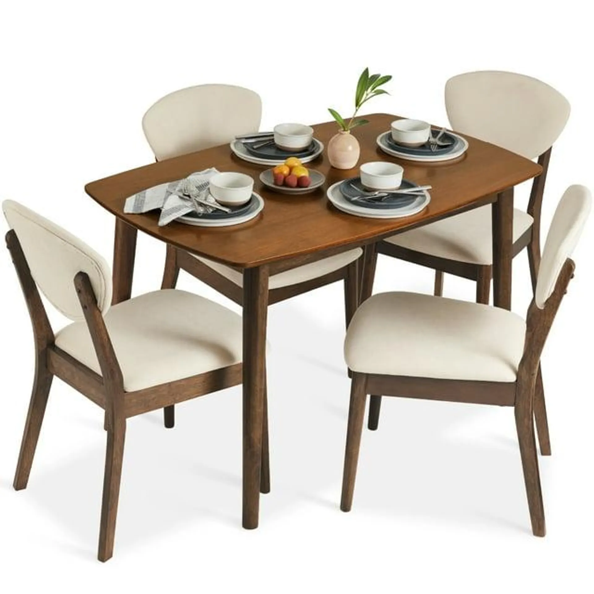 Best Choice Products 5-Piece Compact Wooden Mid-Century Modern Dining Set w/ 4 Chairs, Padded Seat & Back - Walnut/Cream