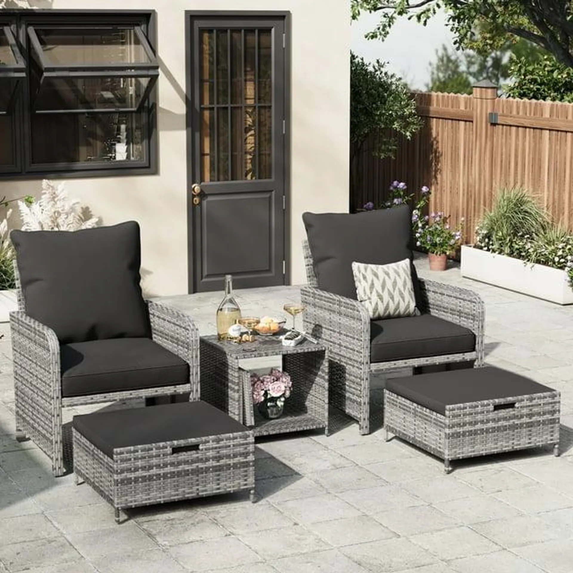 ELPOSUN 5 Piece Patio Furniture Set, Outdoor Patio Conversation Rattan Chair with Ottomans w/Storage Coffee Table for Pati ,Black