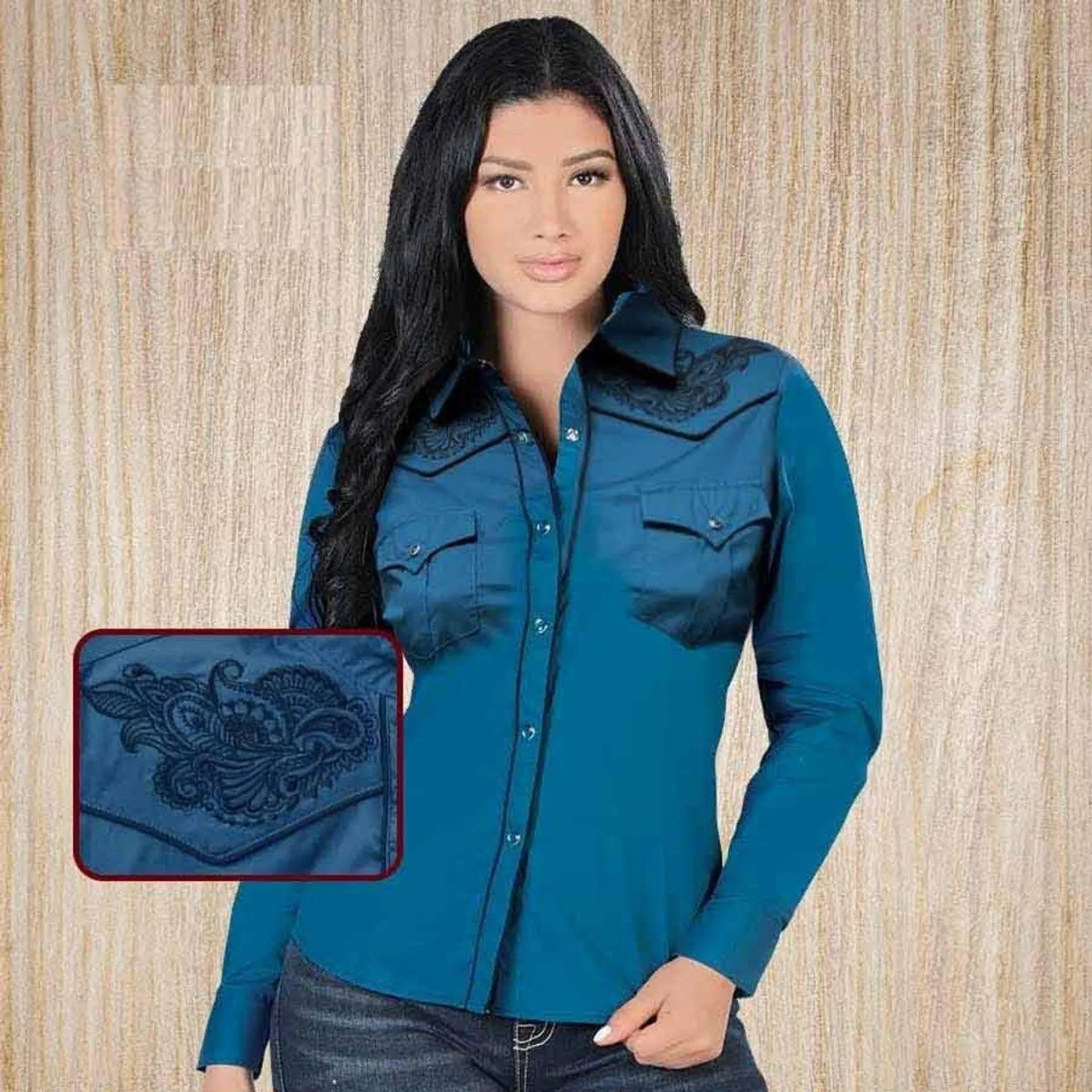 Camisa Vaquera Bordada para Mujer Azul Teal LAM-2316TEAL