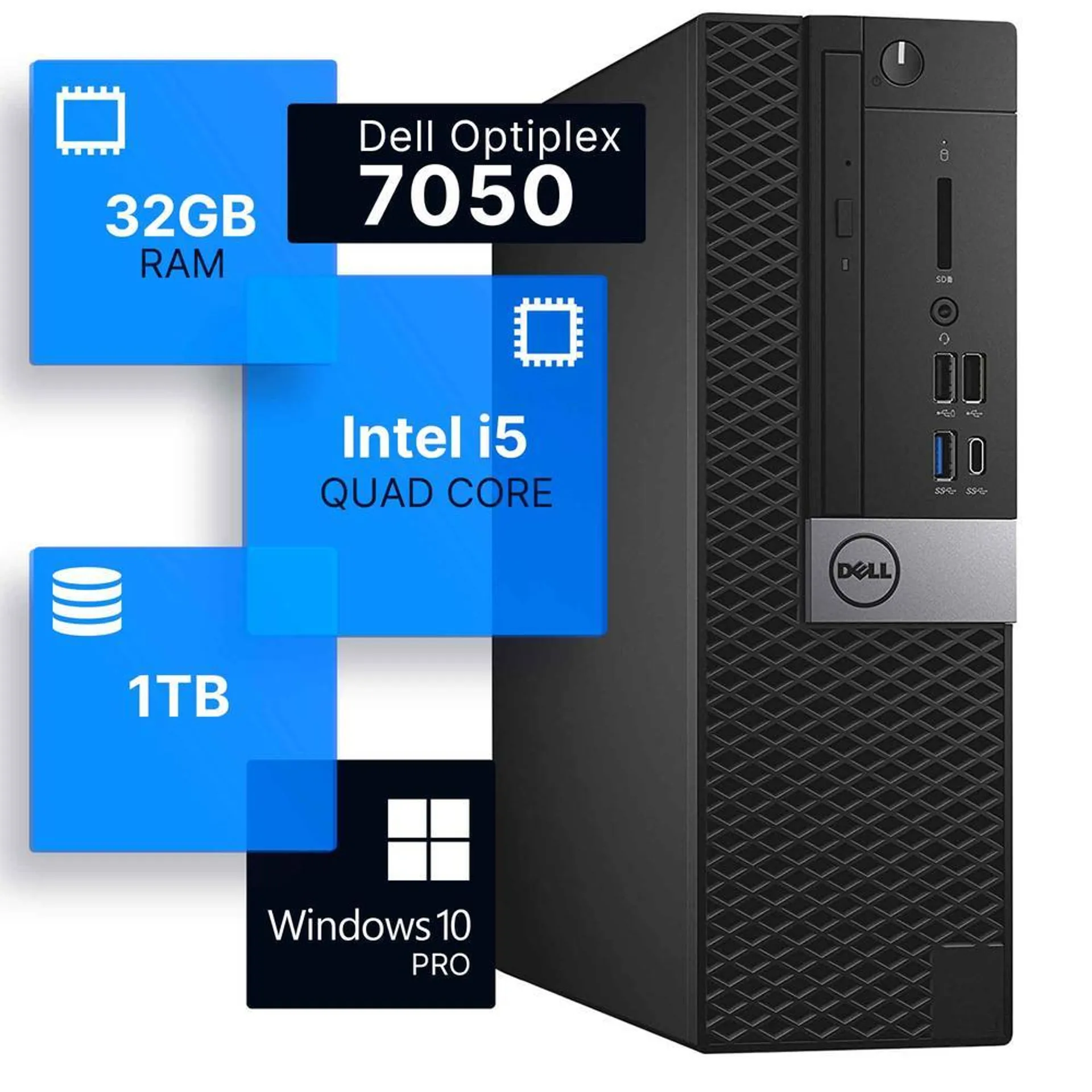 Dell Optiplex 7050 Desktop Computer | Quad Intel i5 (3.2) | 32GB DDR4 RAM | 1TB SSD | Windows 10 Pro | Built-in Wi-Fi AX200