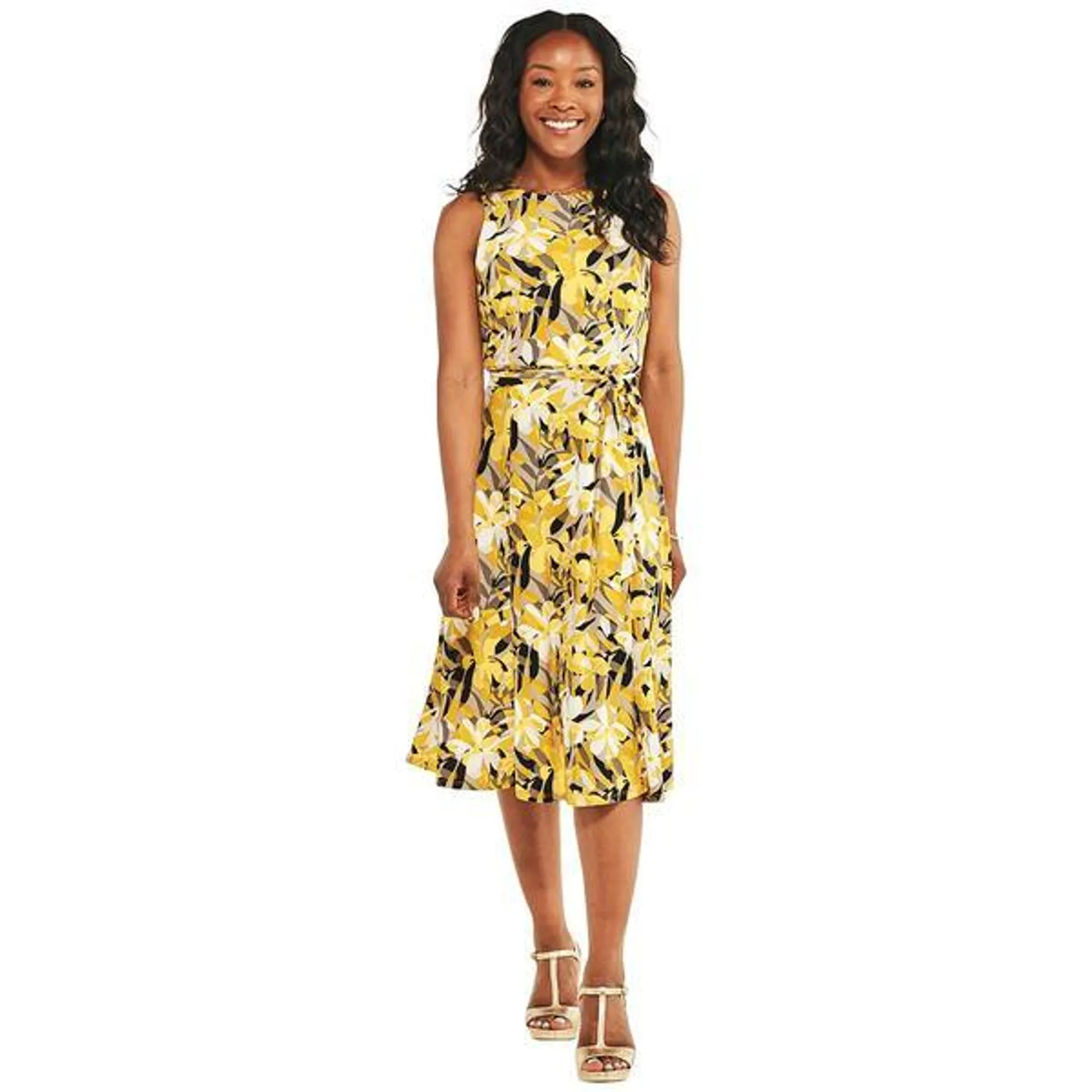 Womens Kasper Fit & Flare Sleeveless Floral & Leaf Dress w/Belt