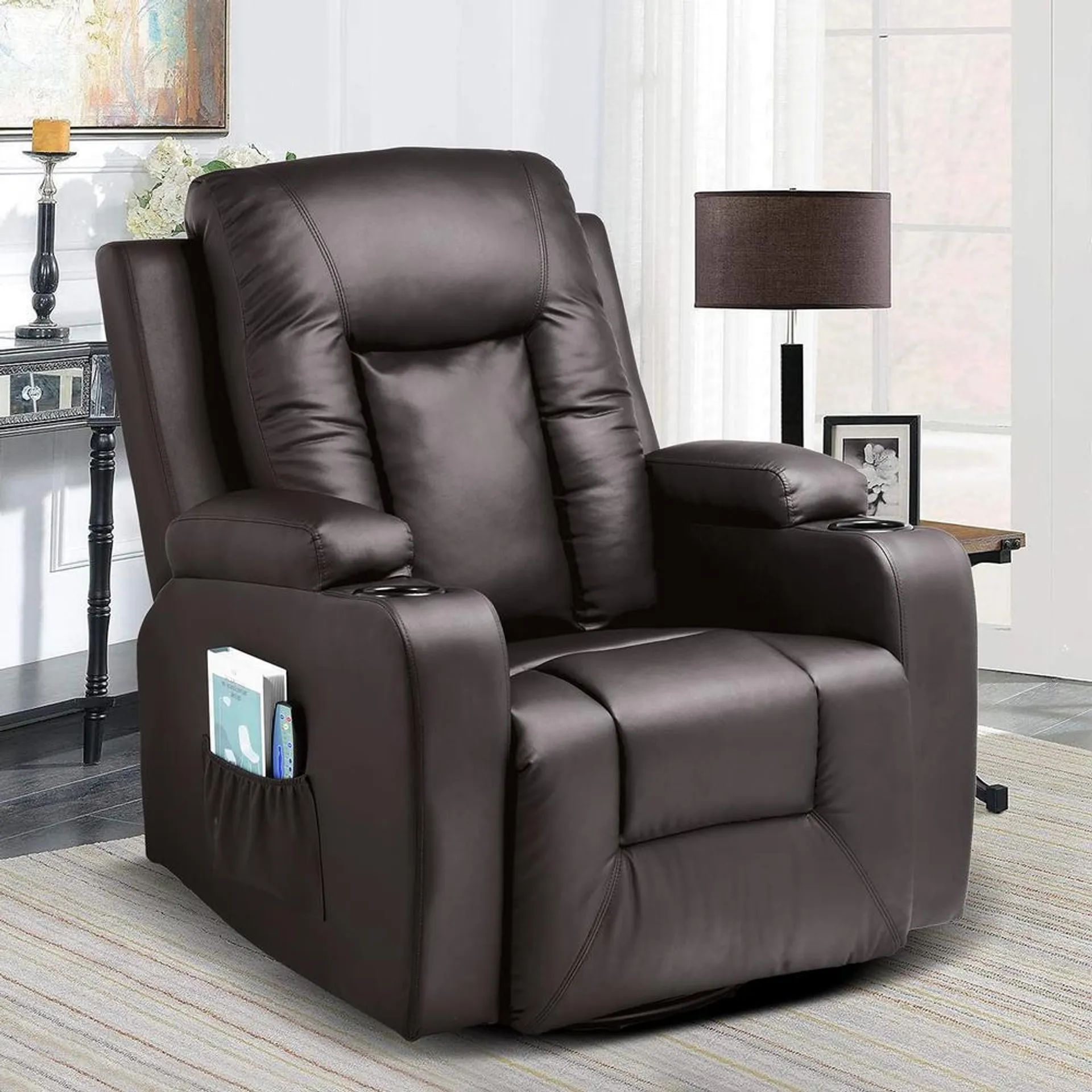 COMHOMA PU Leather Recliner Chair Modern Rocker with Heated Massage Ergonomic Lounge 360 Degree Swivel Single Sofa Seat with Dri