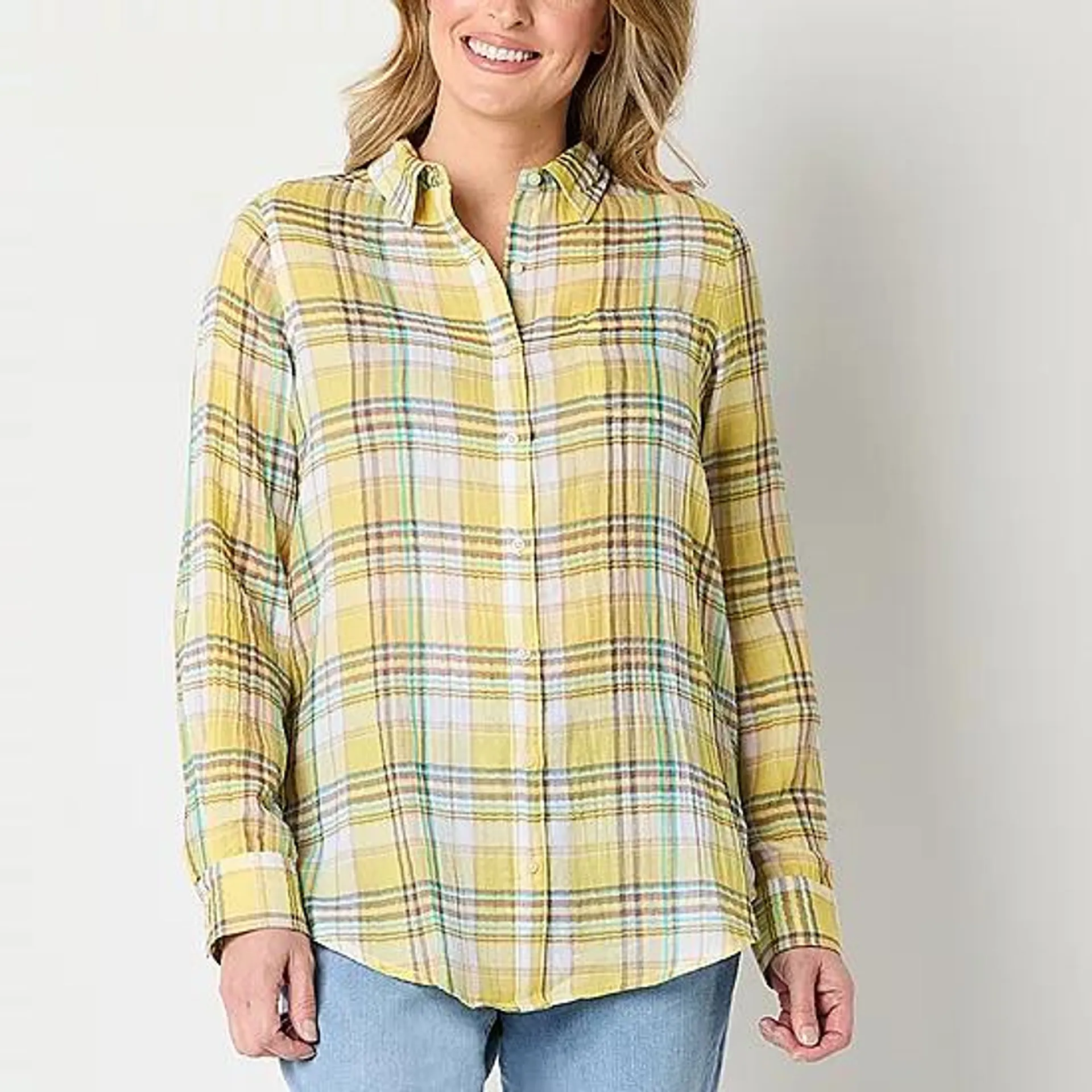 St. John's Bay Womens Long Sleeve Regular Fit Button-Down Shirt