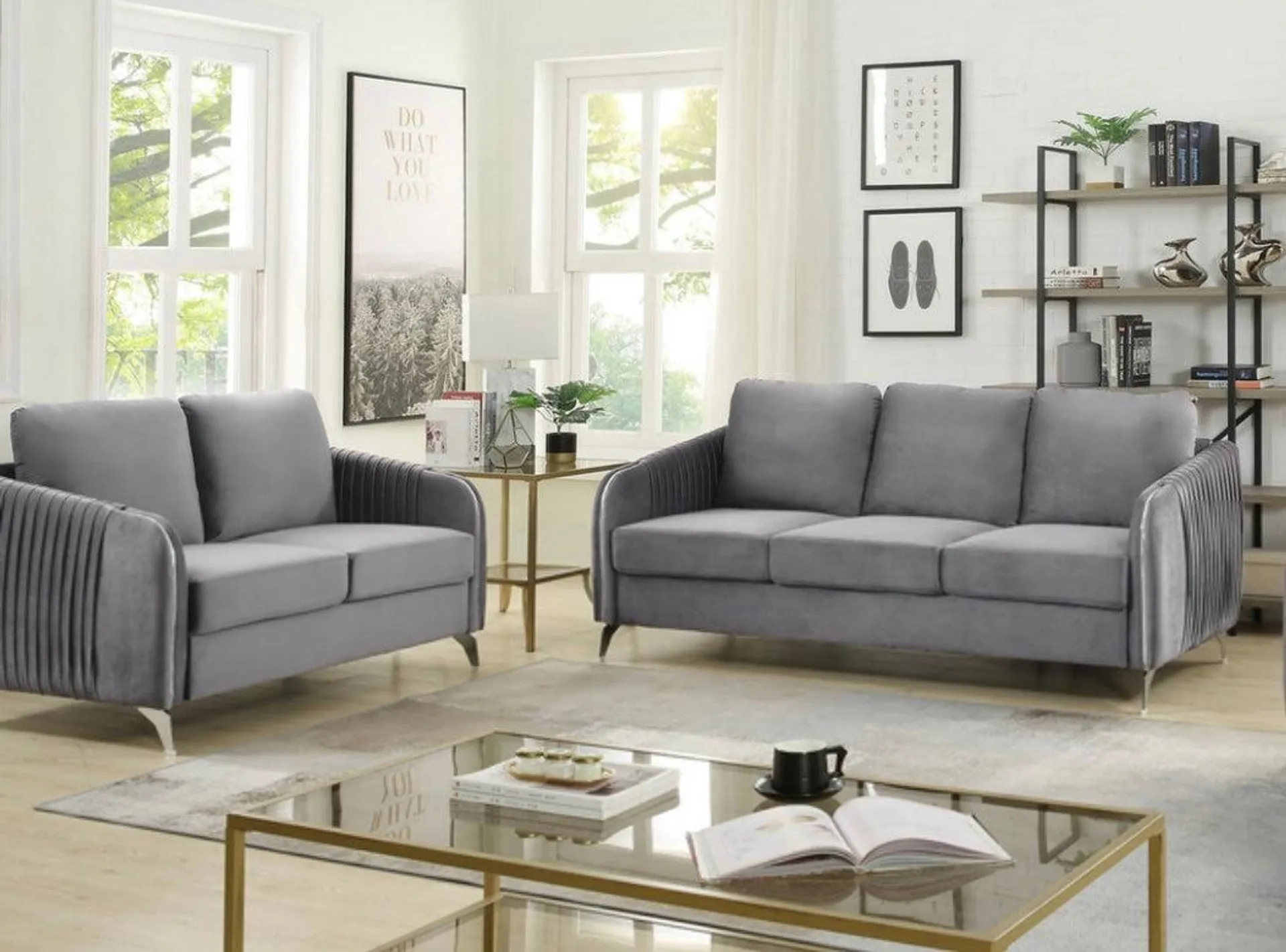 2 PCS Hathaway Grey Velvet Fabric Sofa Loveseat 89725-SL