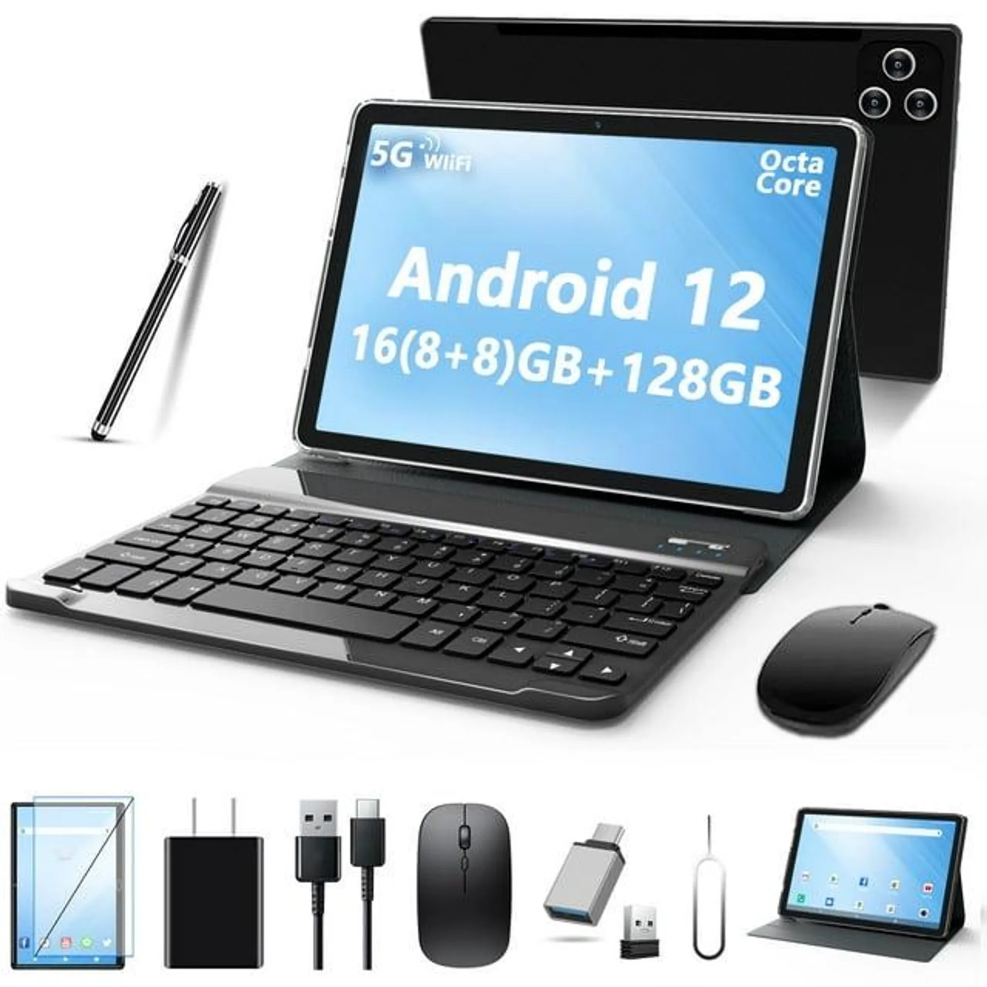 Tablet 2024 Newest Android 12 Tablet, 10 Inch Tablet,5G Wi-Fi Tablet Computer,2 In 1 Tablet with Keyboard, 128GB ROM+16(8+8)GB RAM + 1TB Expand,Octa-Core Processor,1920 * 1200 IPS,Bluetooth,GPS,Black