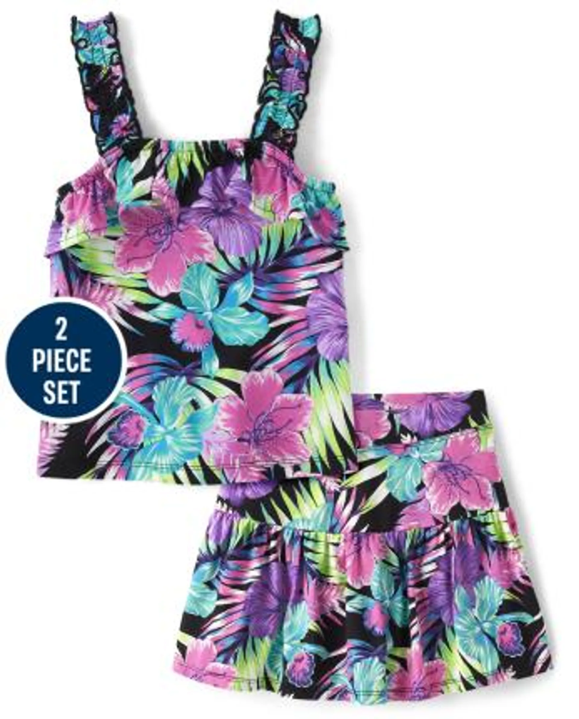 Girls Tropical 2-Piece Outfit Set - black