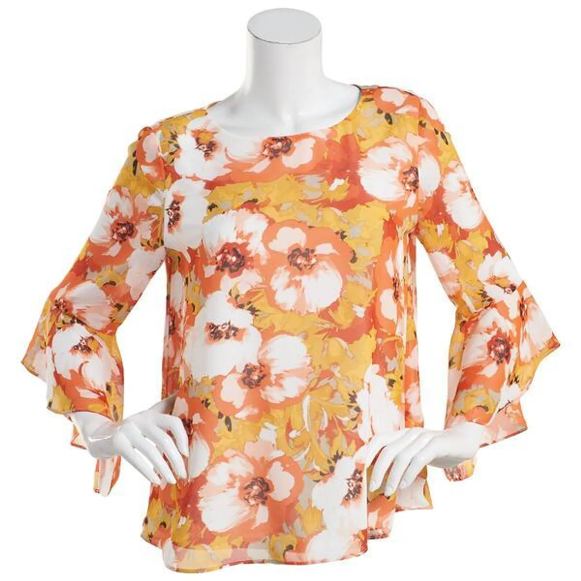 Womens Kasper Ruffled Angel Sleeve Floral Blouse