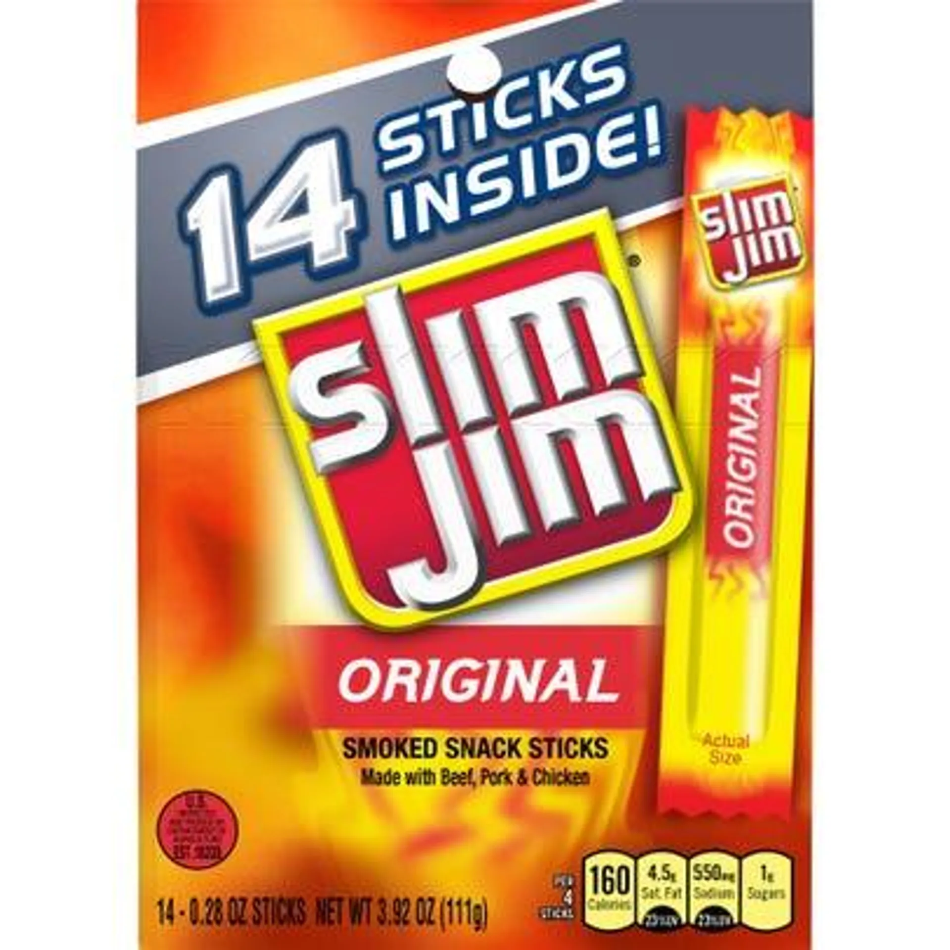 Slim Jim Snack-Sized Smoked Meat Stick, Original Flavor - 14 ct