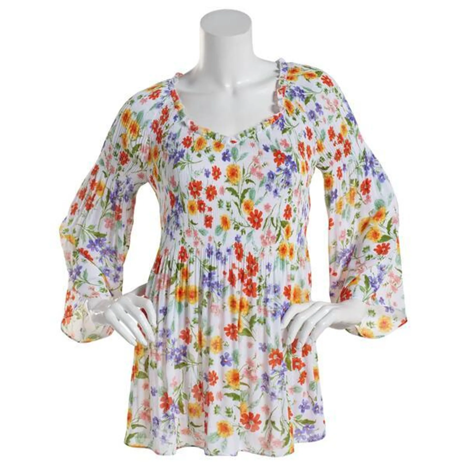 Womens Floral & Ivy 3/4 Sleeve Ruffle V-Neck Poppy Floral Blouse