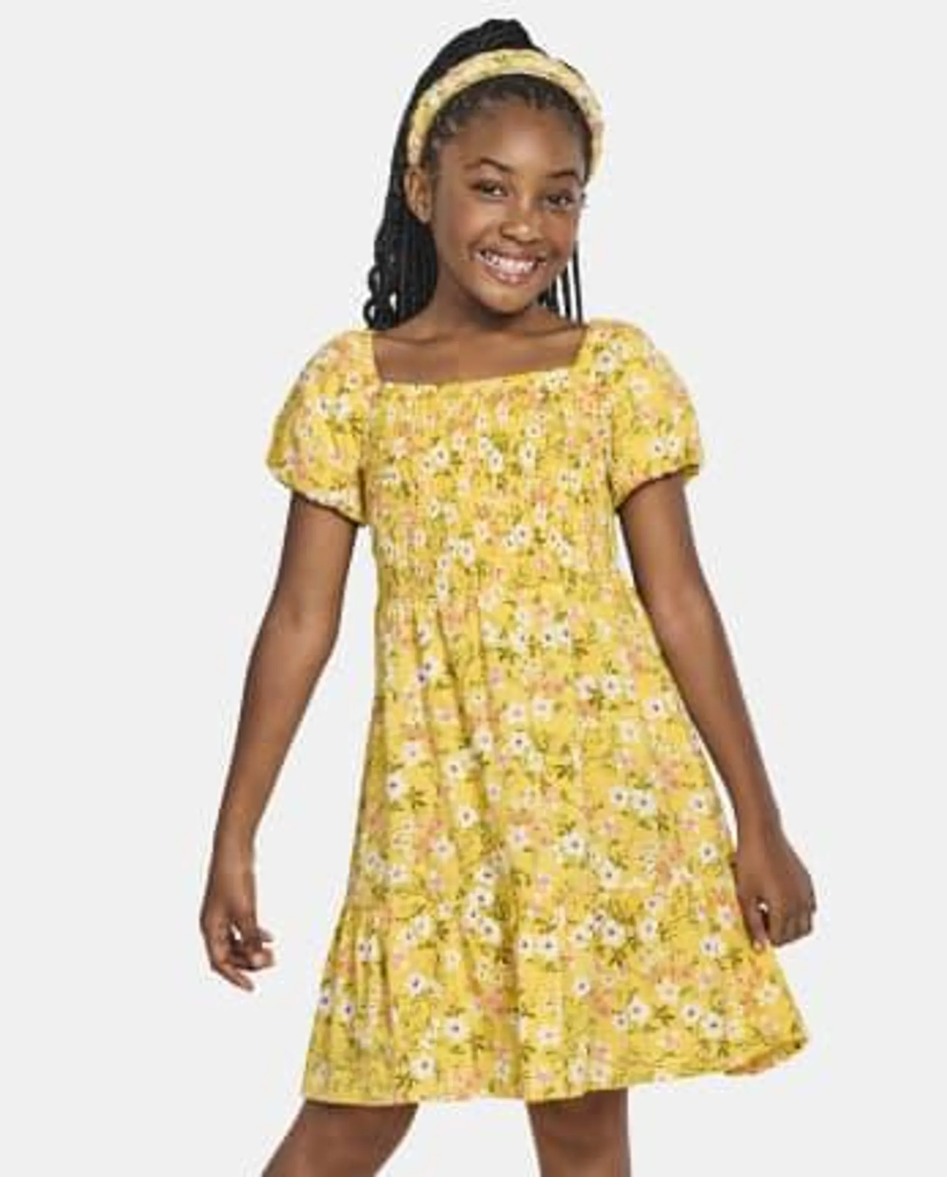 Girls Mommy And Me Floral Ruffle Dress - sunset gold