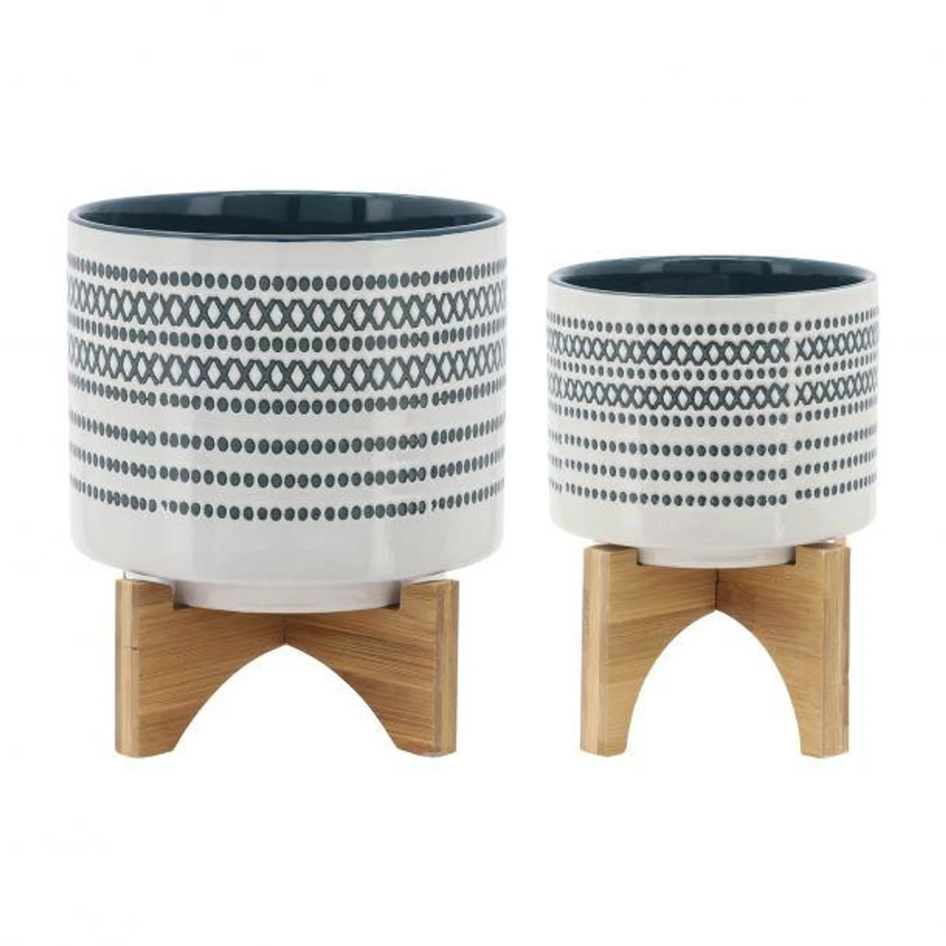 Sagebrook Home Contemporary Ceramic Planter on Stand with Dots Set of 2, Blue/White