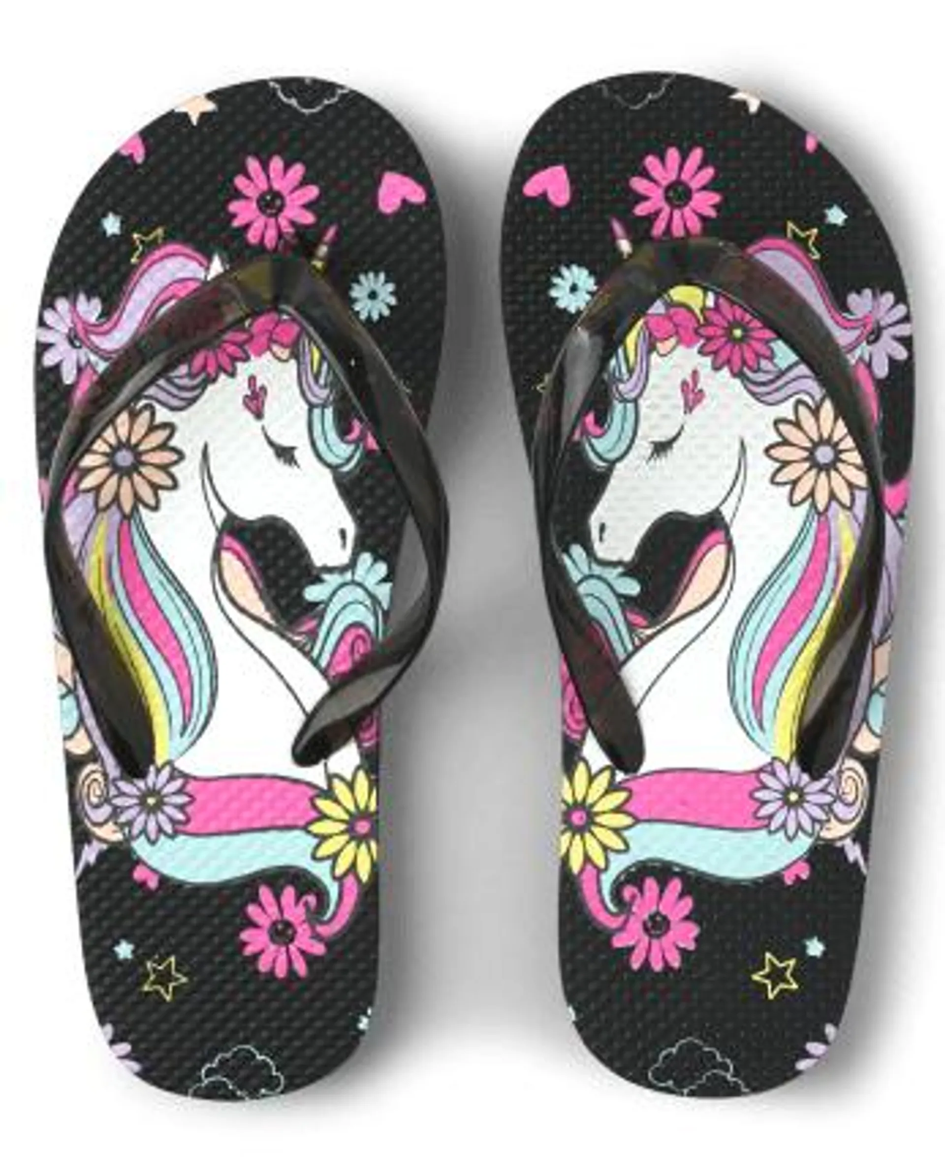 Girls Unicorn Flip Flops - black