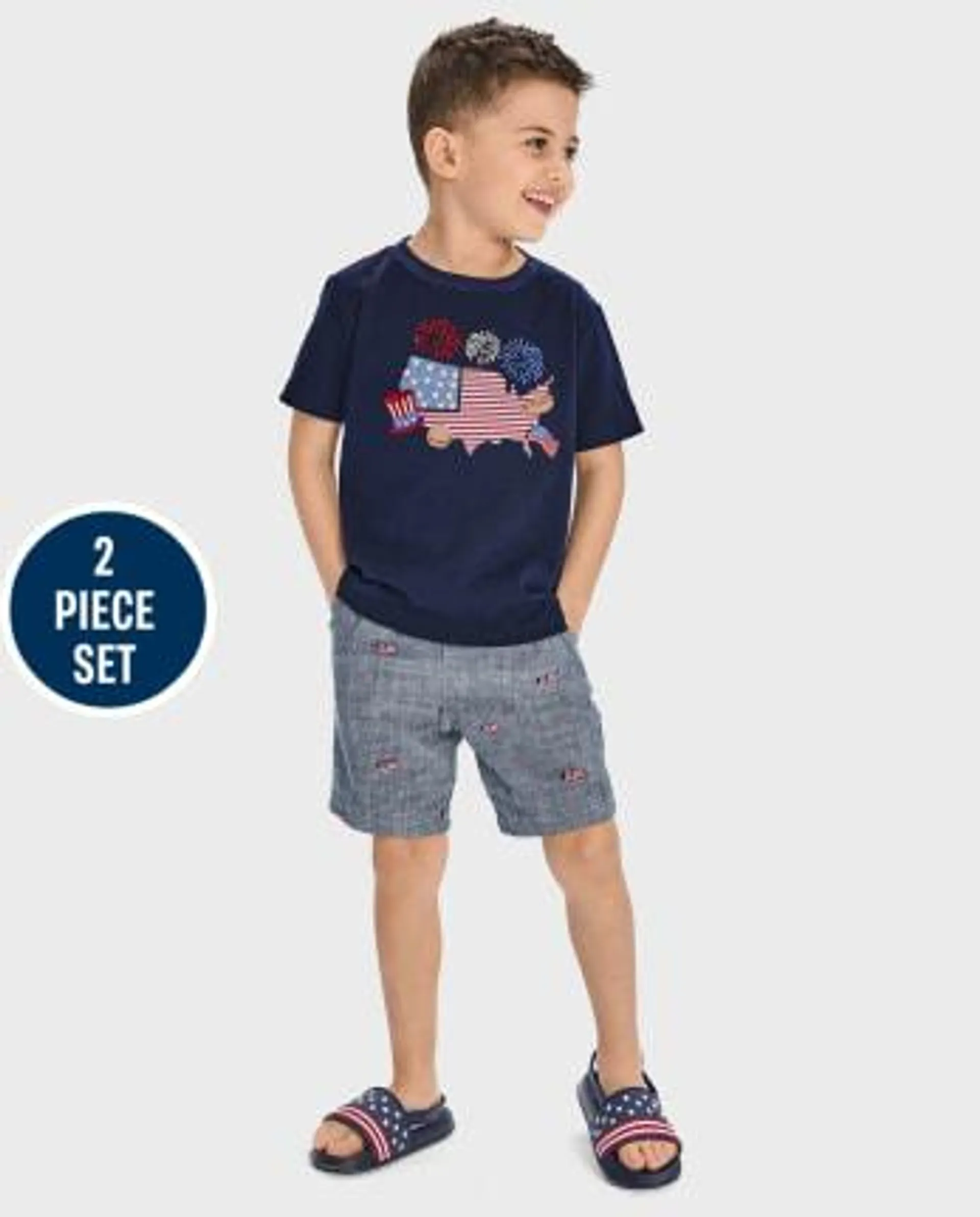 Boys Embroidered Map 2-Piece Outfit Set - American Cutie - multi clr