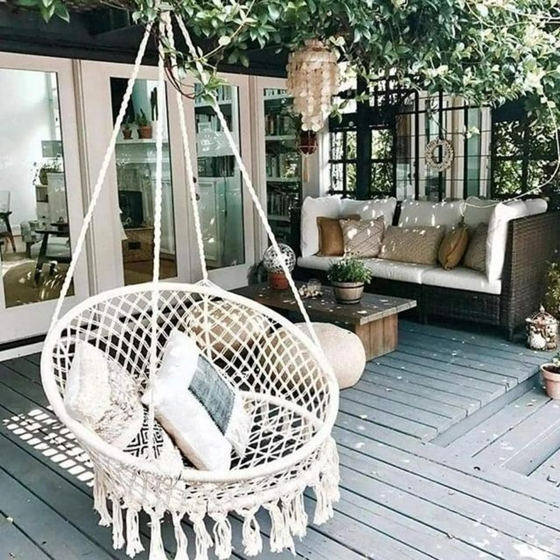 Garpans Hammock Chair Macrame Swing Chair Handmade Knitted Hanging Cotton Rope Chair for Indoor/Outdoor Home Patio Deck Yard Garden Reading Leisure White