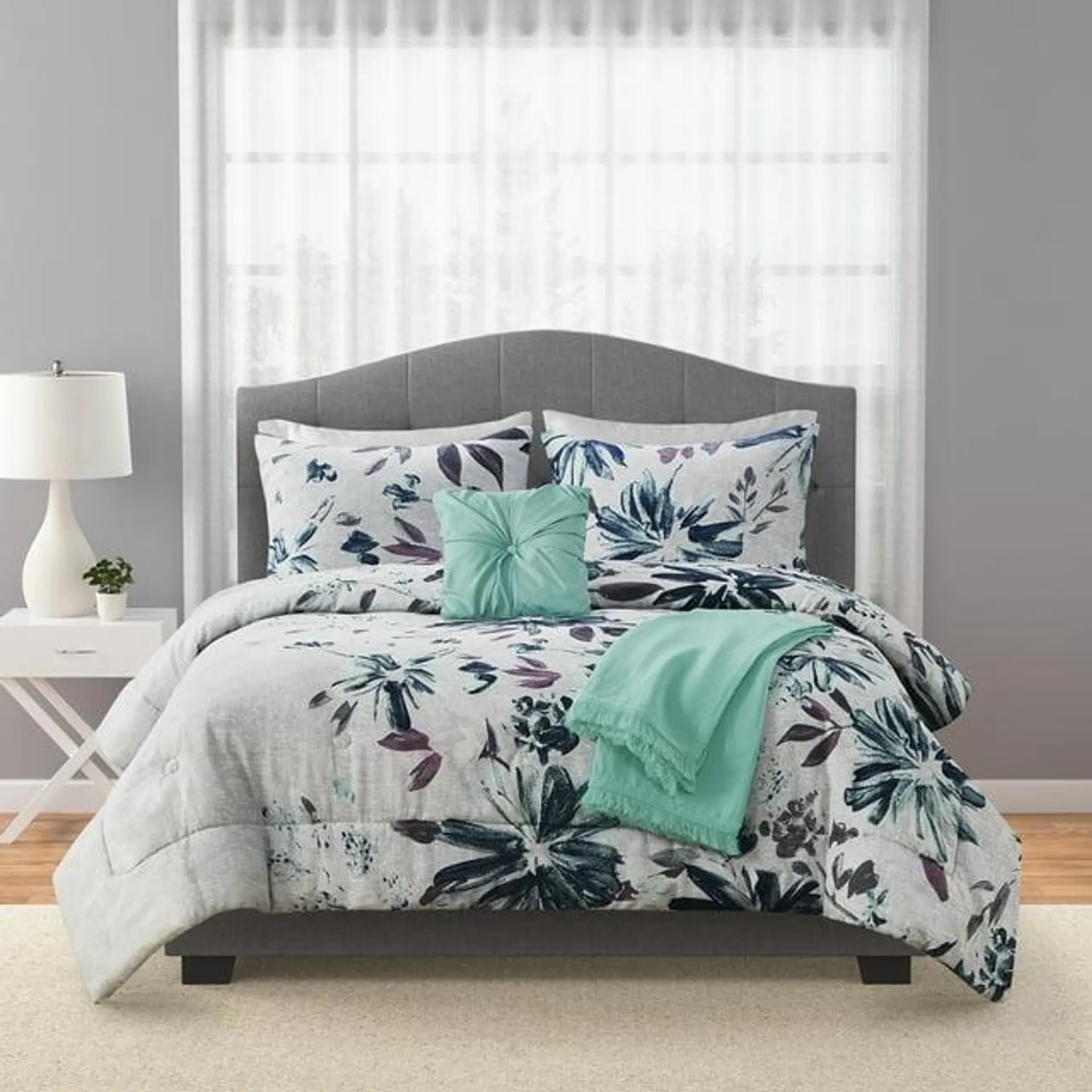 Mainstays 5-Piece Blue Floral Comforter Set, Full/Queen