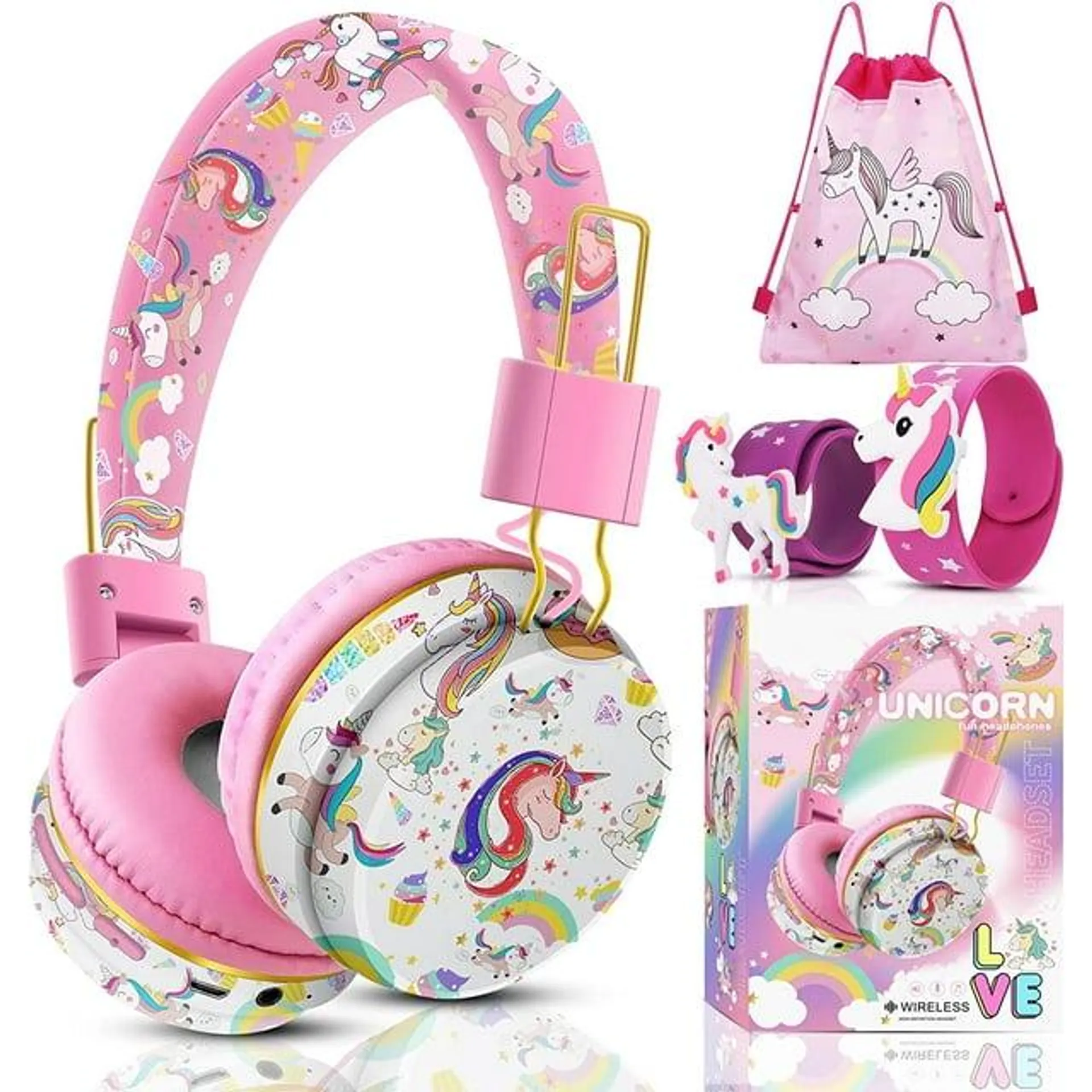 TCJJ Unicorn Headphones for Girls Kids for School, Kids Bluetooth Headphones with Microphone & 3.5mm Jack, Teens Toddlers Wireless Headphones with Adjustable Headband for Tablet/PC Christmas Gift