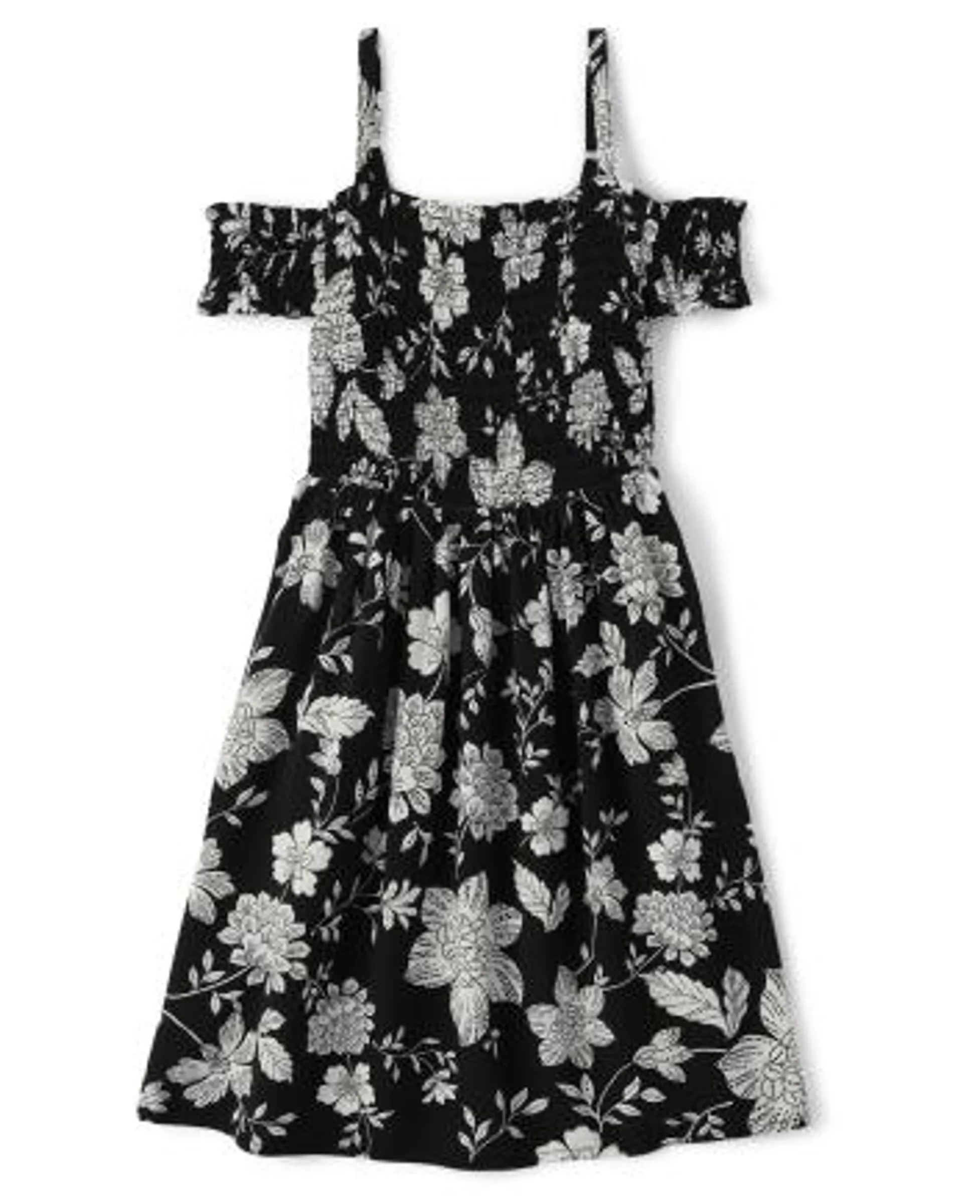 Girls Mommy And Me Floral Cold Shoulder Dress - black