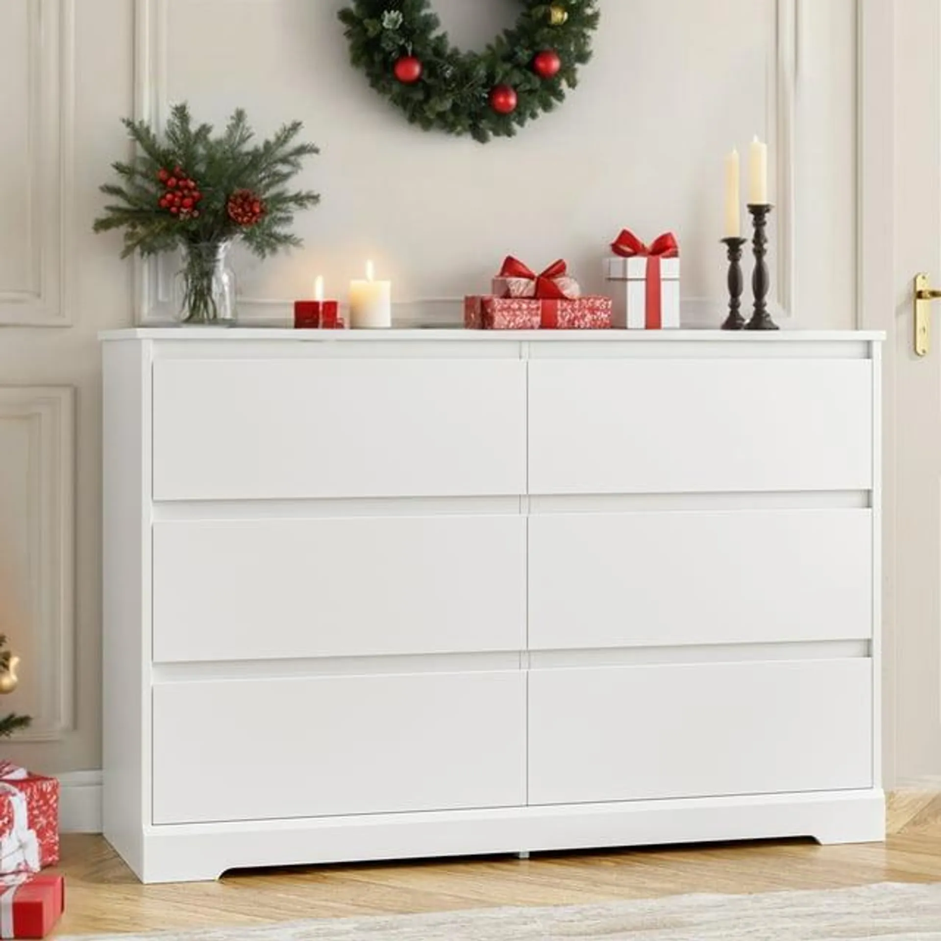 Homfa 6 Drawer Double Dresser, 47.2'' Wood Storage Side Cabinet Chest of Drawer for Bedroom Living Room, White