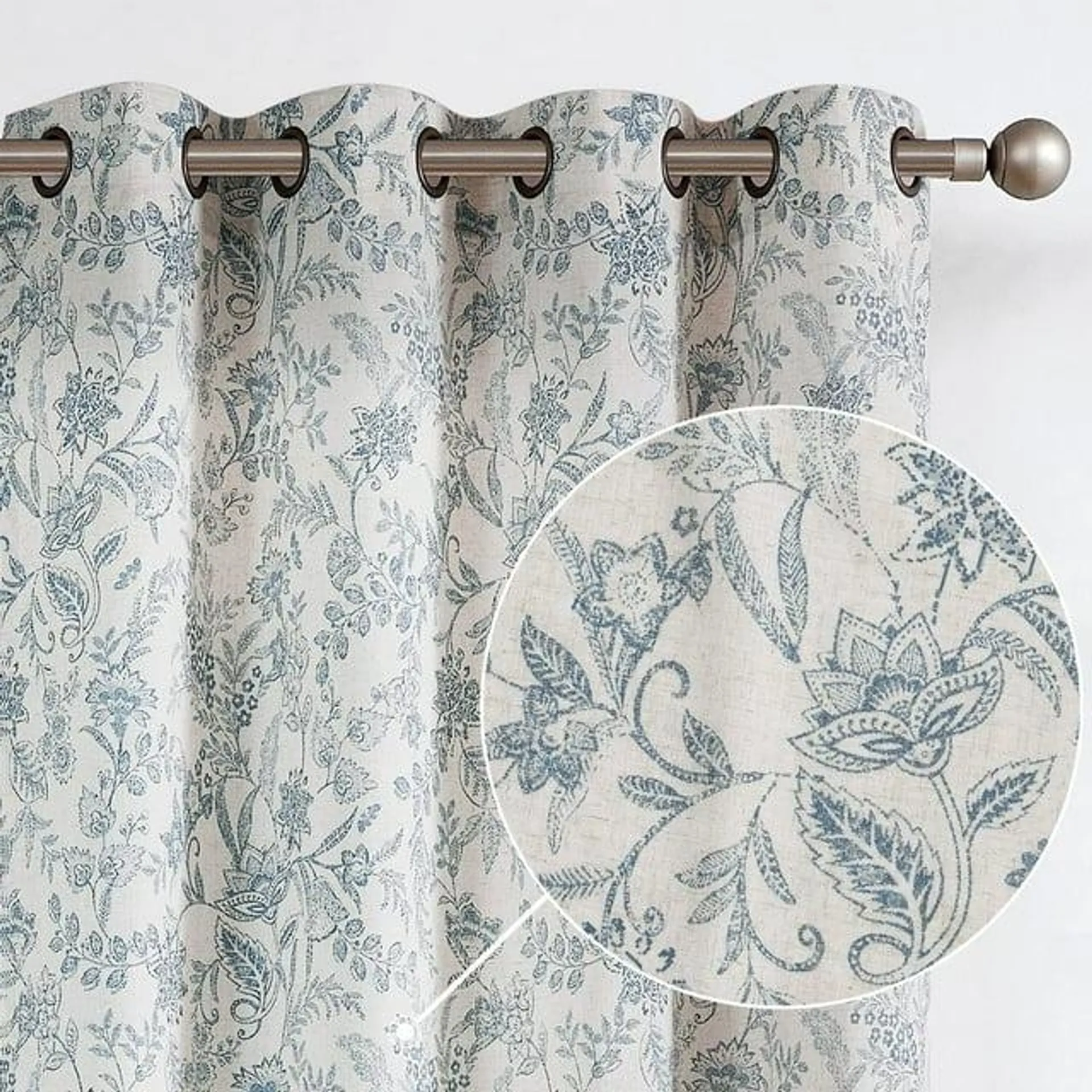 Curtainking Floral Curtains Linen Farmhouse Curtains for Living Room 84 inch Country Curtains Grommet Top Semi Sheer Curtains Light Filtering 2 Panels Blue on Beige