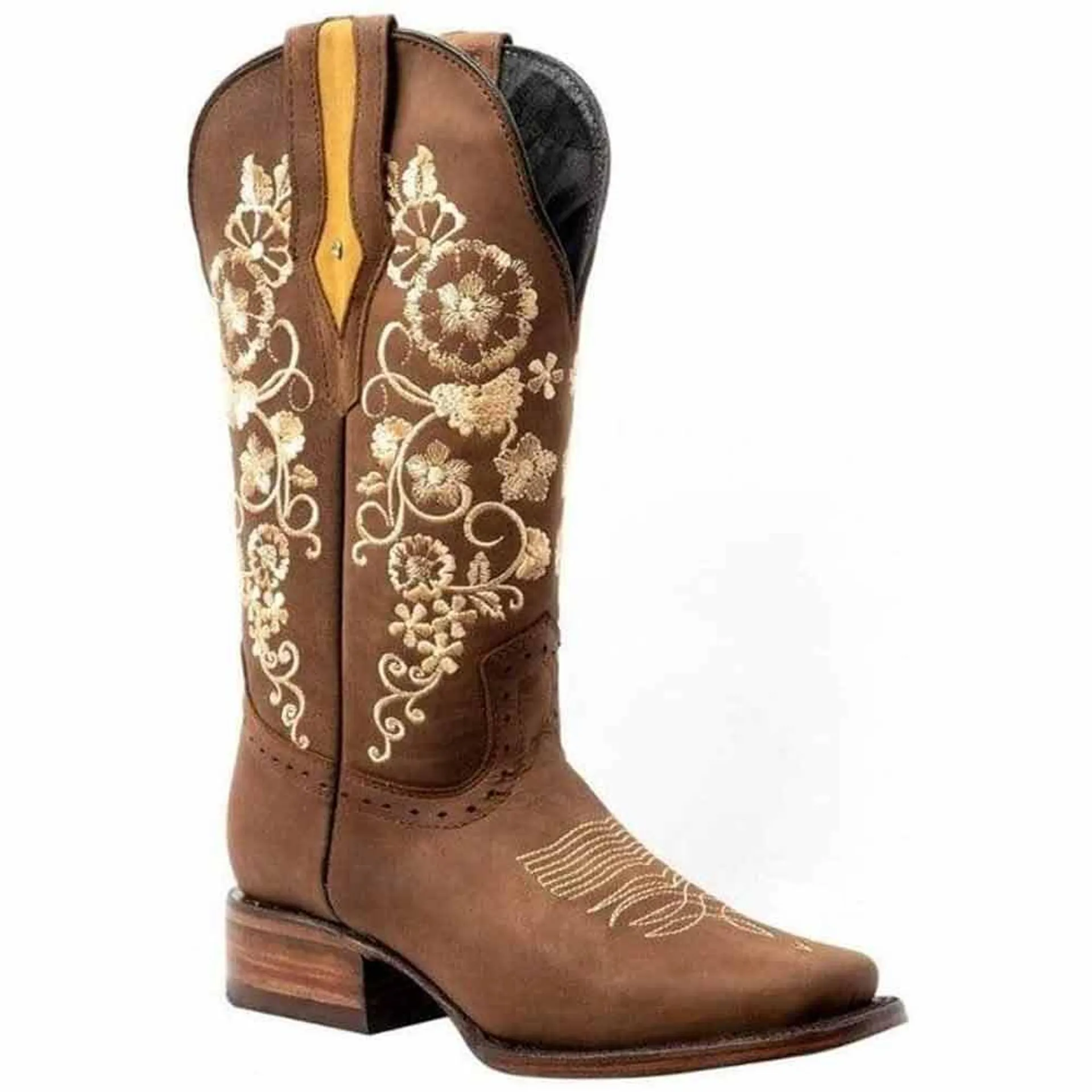 Botas de Cuero Horma Rodeo para Mujer Color Cafe con Girasoles JB-1501CAF