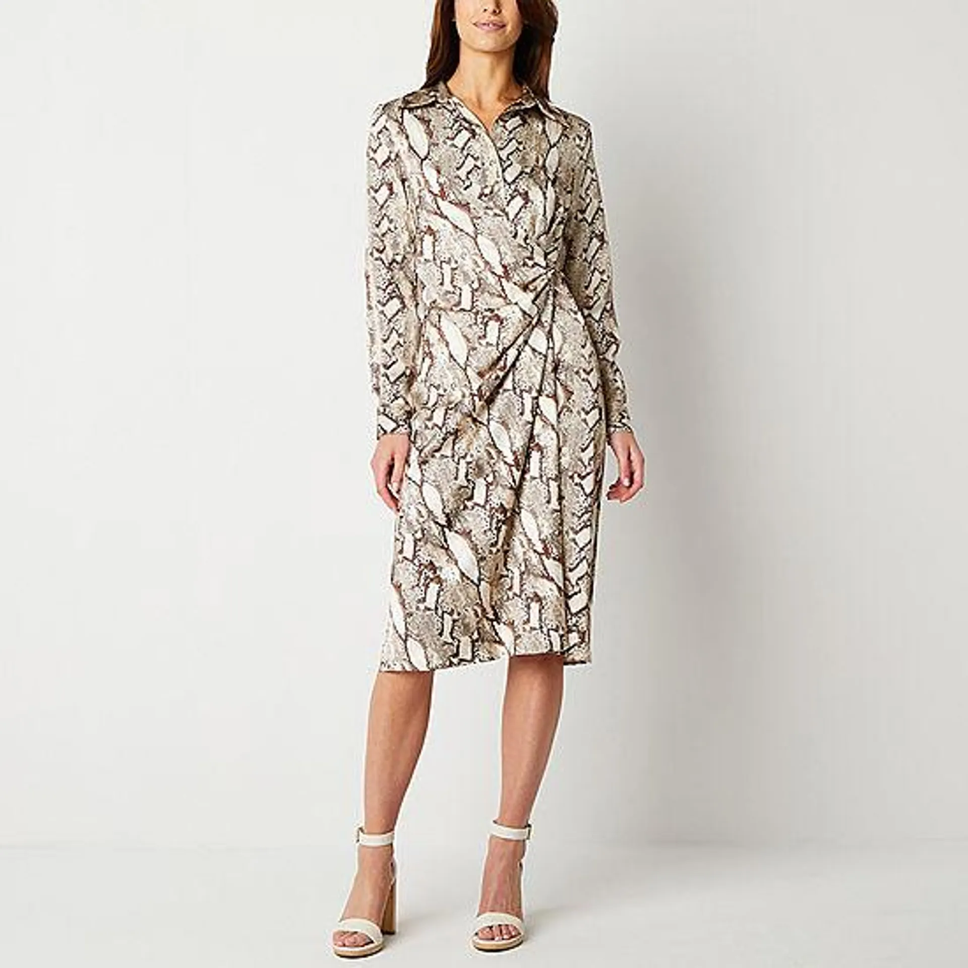 Worthington Long Sleeve Geo Linear Wrap Dress