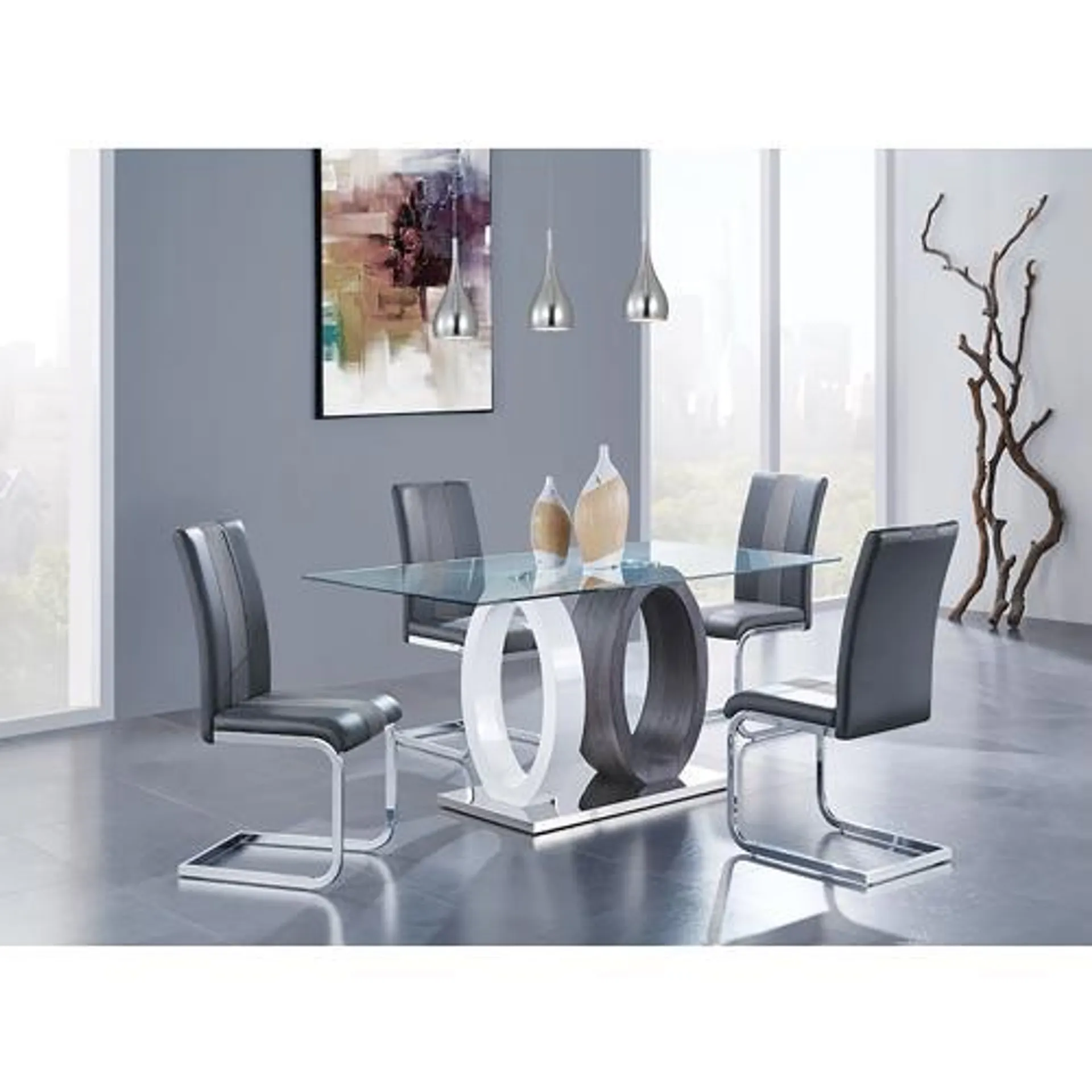 Monza Glass Top Contemporary Dining Table With 4 White Dining Chairs