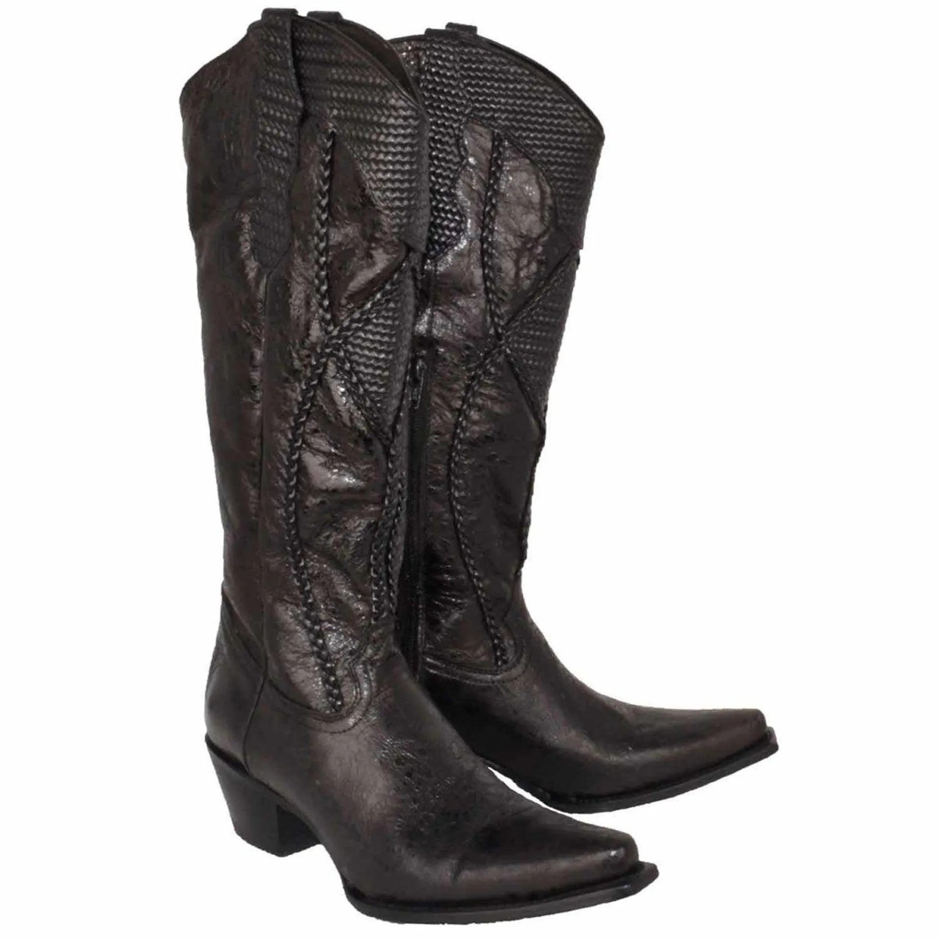 Botas de Tubo Alto de Cuero Horma Sonora para Mujer Color Negro Rustico WD-525