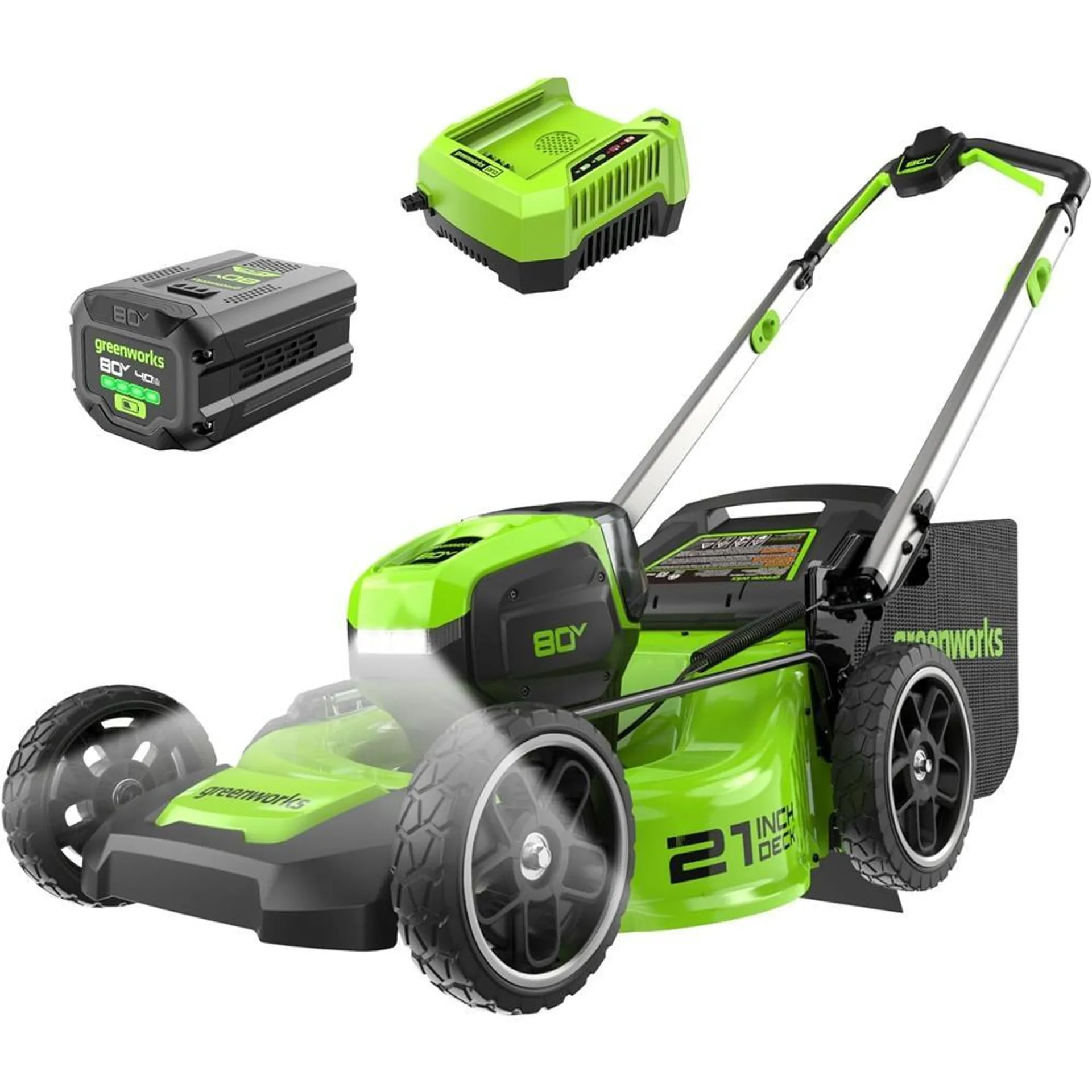 Greenworks 80V 21" Brushless Cordless (Push) Lawn Mower (LED Headlight + Aluminum Handles), 4.0Ah Battery and Rapid Charger Incl