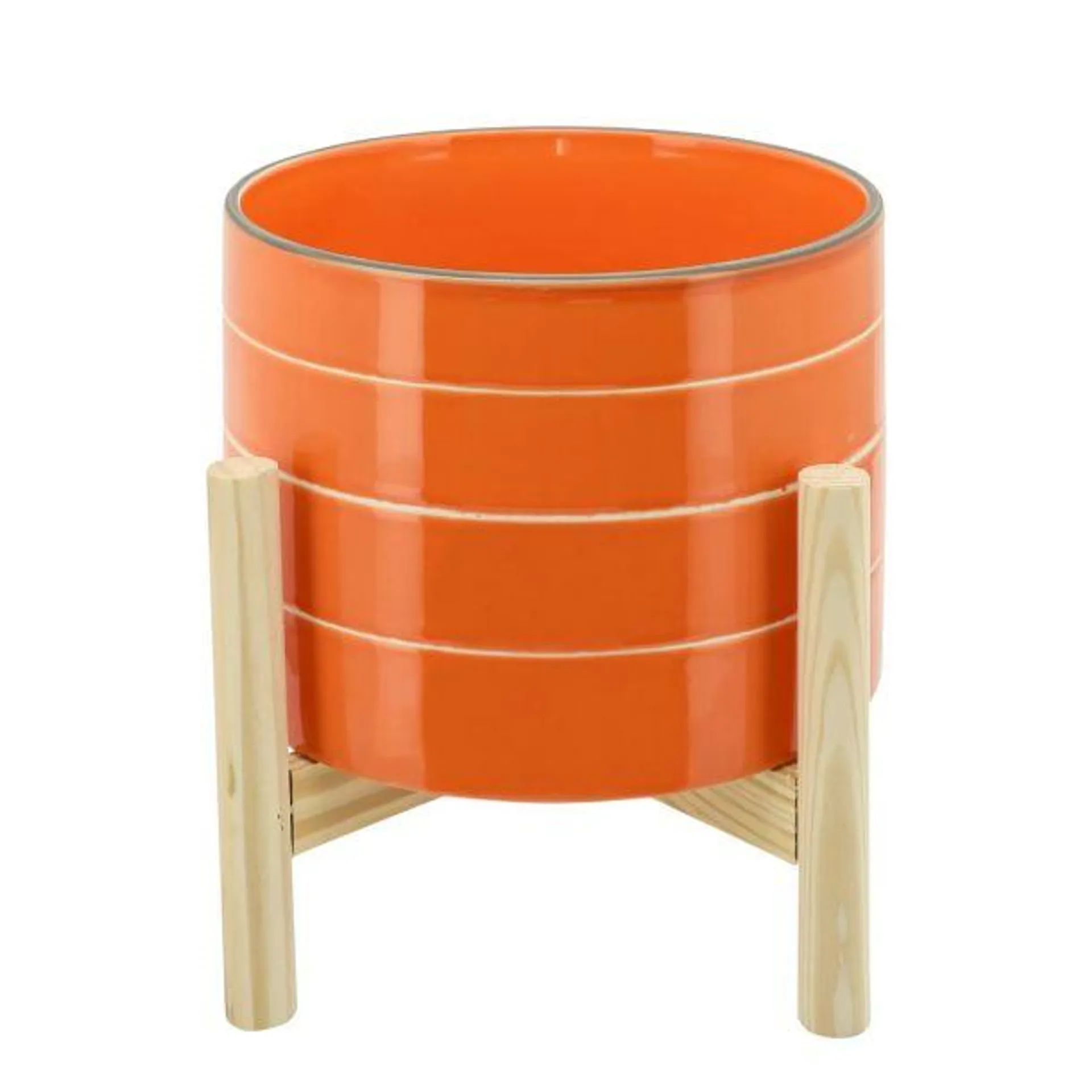 Sagebrook Home Ceramic 8" Striped Planter with Wood Stand - Orange