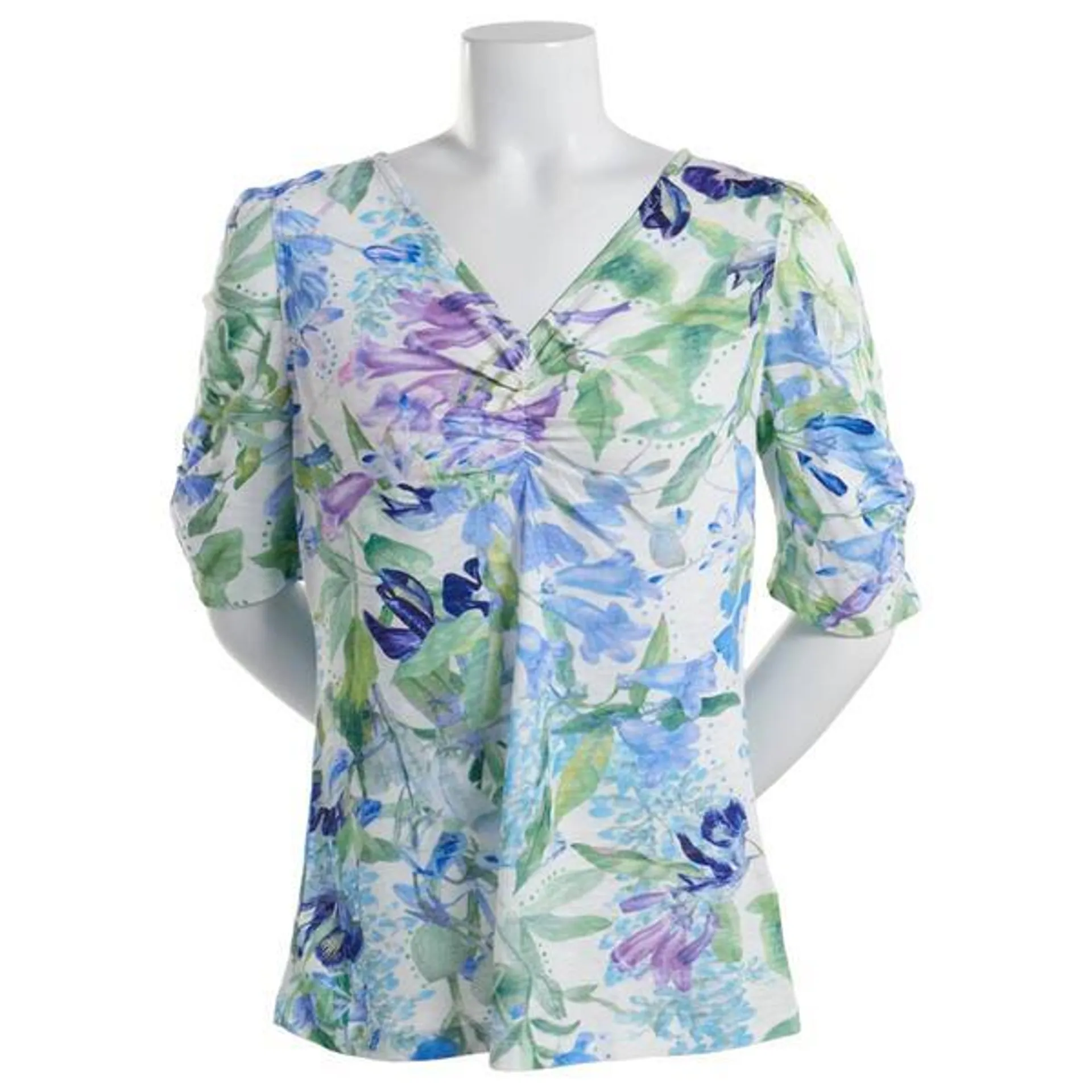 Womens Premise 3/4 Sleeve Shirred V-Neck Seaside Bloom Tee