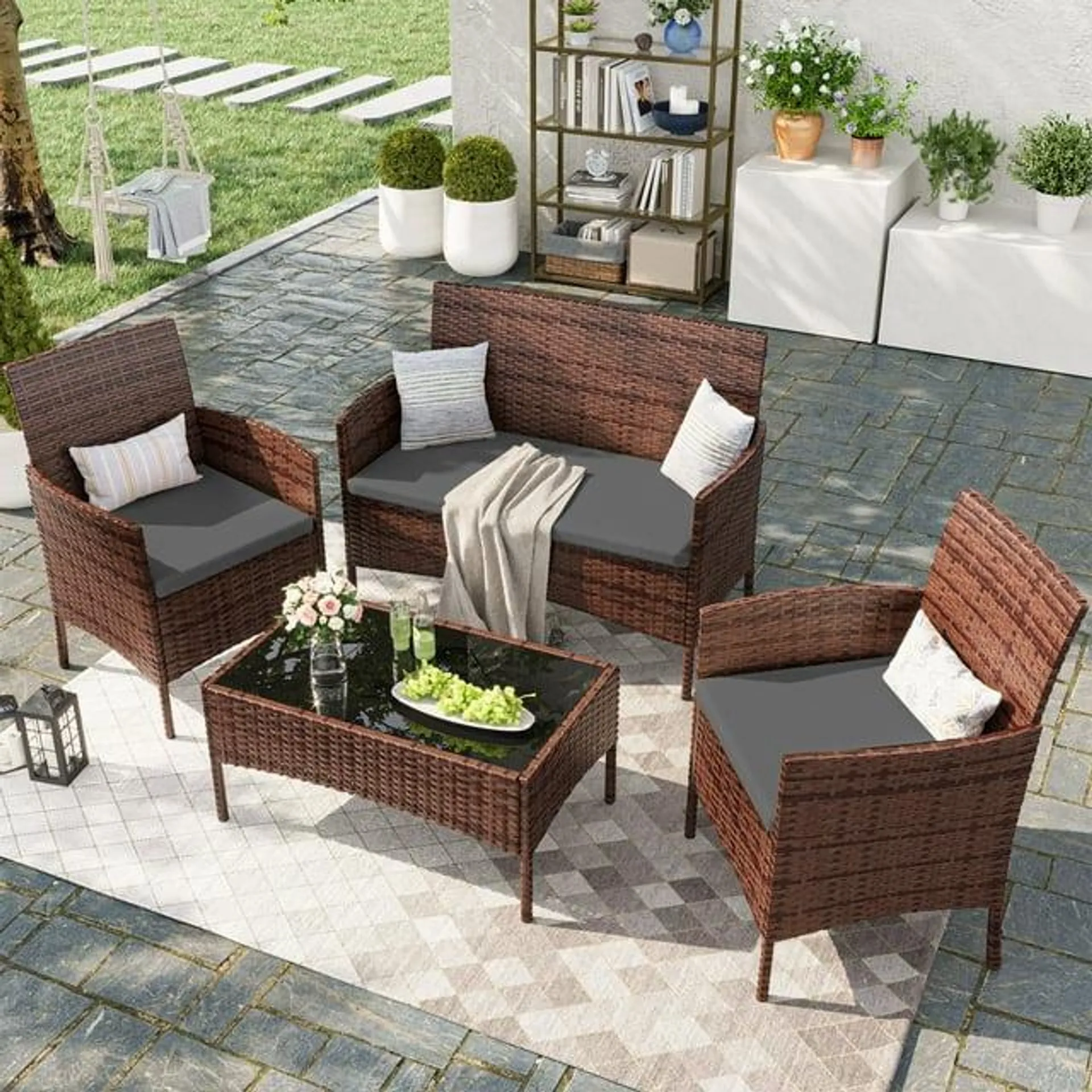 ECOPATIO Patio Furniture Set 4 Pieces Porch Furniture Outdoor Modular Wicker Patio Sectional Conversation Furniture Set for Backyard,Porch,Garden,Poolside and Balcony(Grey)