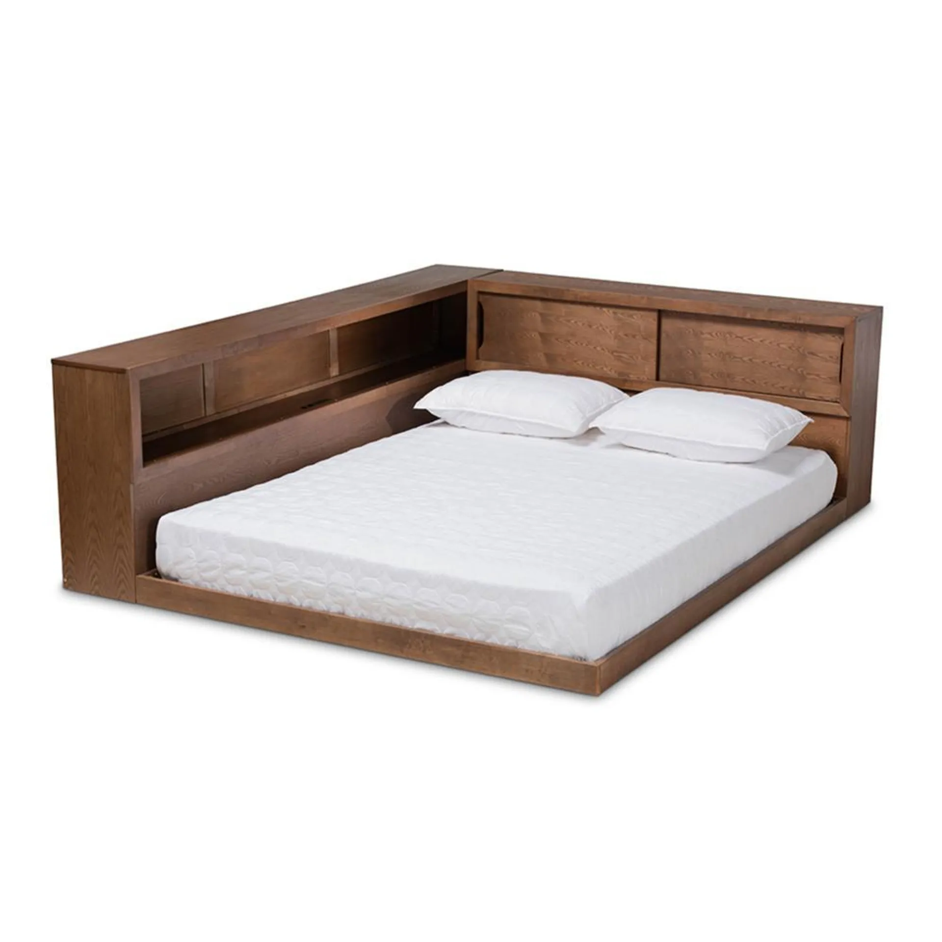 Baxton Studio Erie Modern Rustic and Transitional Walnut Brown Finished Wood Queen Size Platform Storage Bed with Built-In Outlet