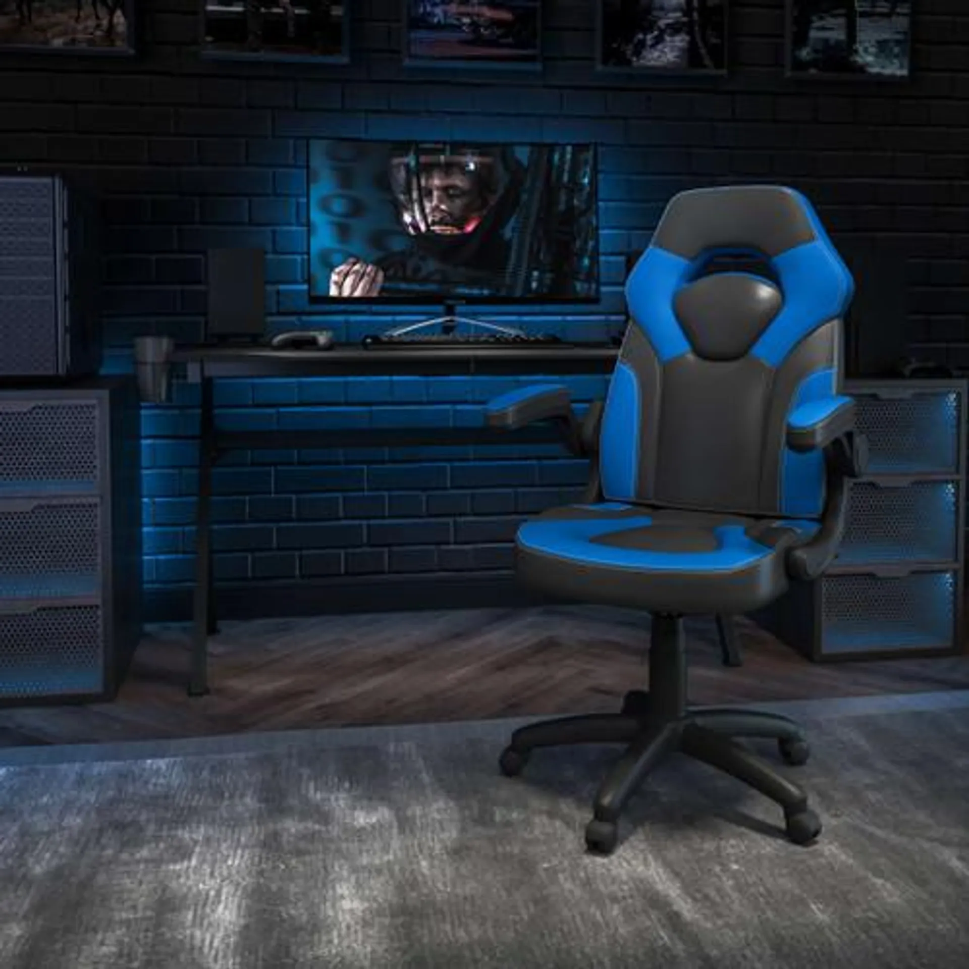 X10 Gaming Chair Racing Ergonomic Computer PC Adjustable Swivel Chair with Flip-up Arms, Blue/Black LeatherSoft