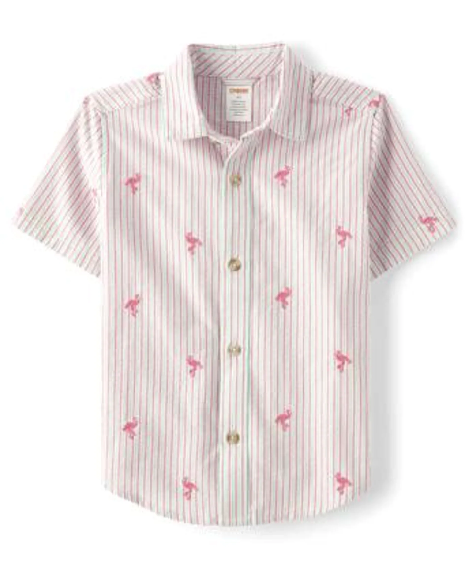 Boys Schiffli Flamingo Button Up Shirt - Seaside Palms - tropical trail