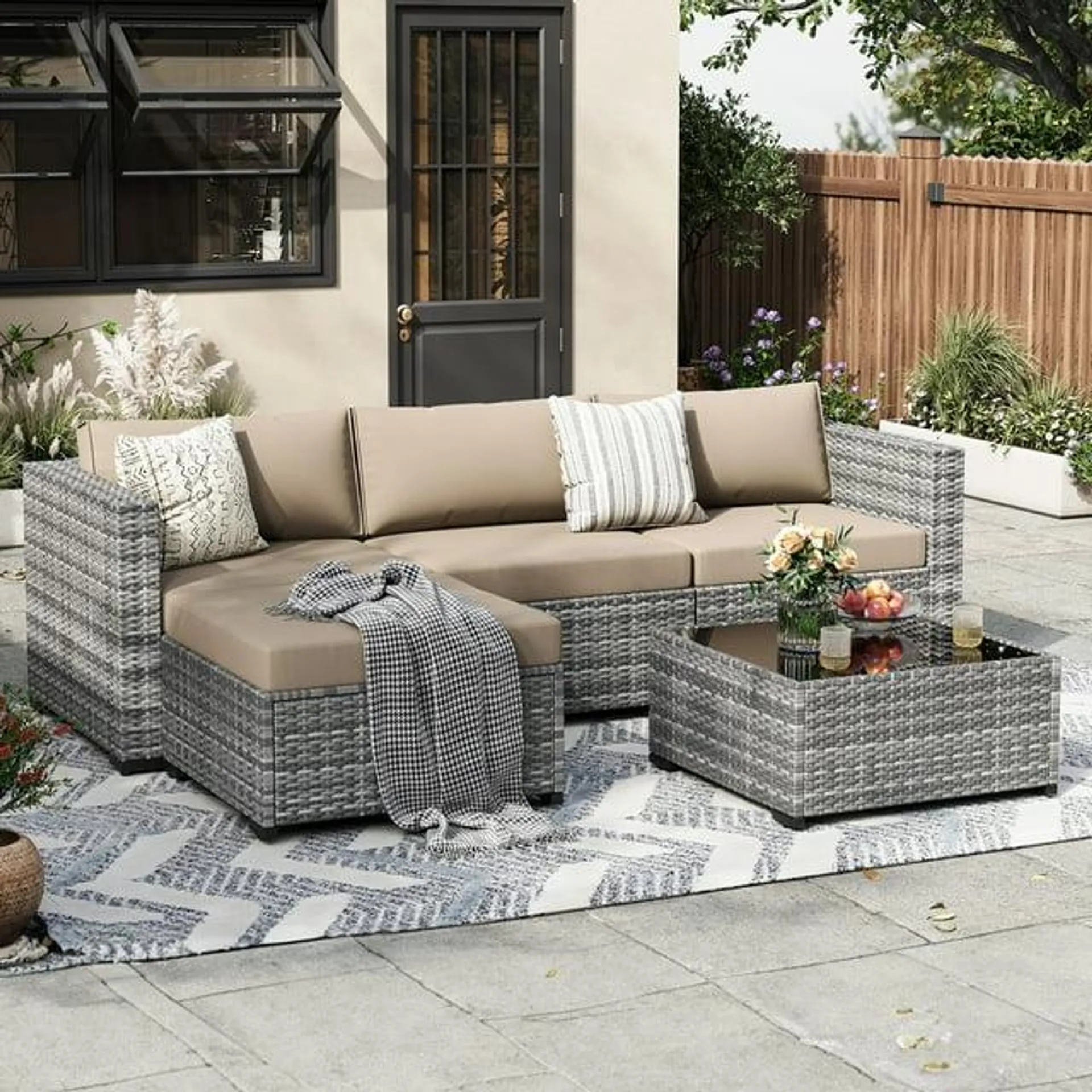 ELPOSUN Patio Furniture Set 5 Pieces Modular Outdoor Couch with Glass Coffee Table, L Shaped Wicker Sectional Sofa Patio Conversation Set for Backyard Porch Balcony