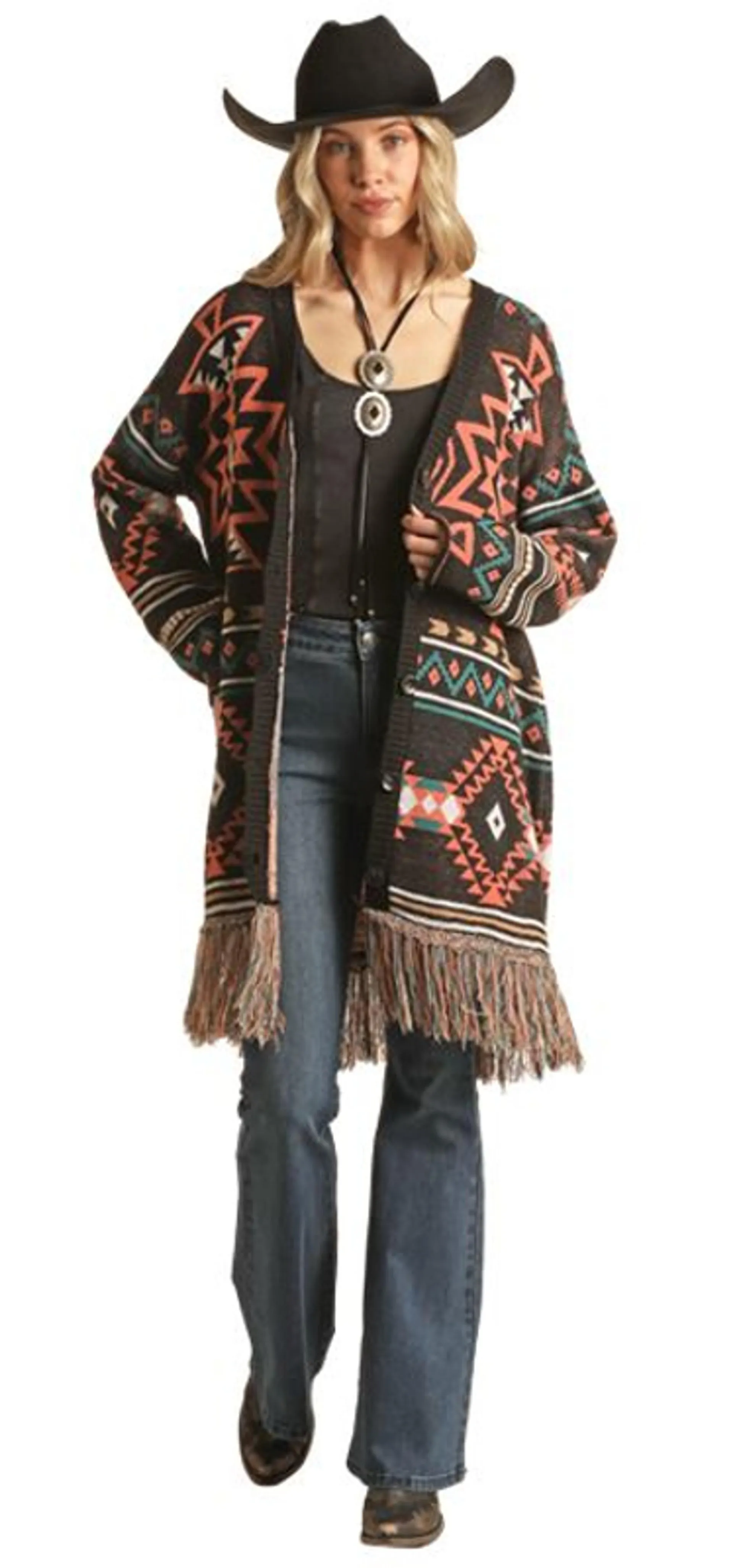 Rock & Roll Cowgirl Women's Black & Colorful Aztec Print Long Sleeve Fringed Cardigan