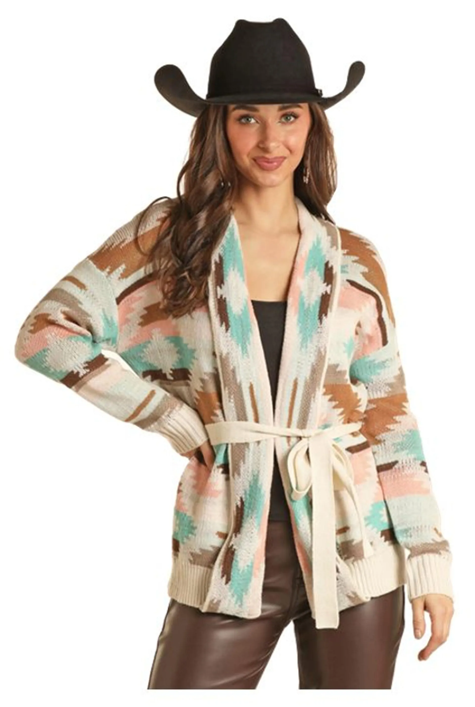 Rock & Roll Cowgirl Women's Sandstone & Aztec Soft Belted Long Sleeve Sweater Cardigan