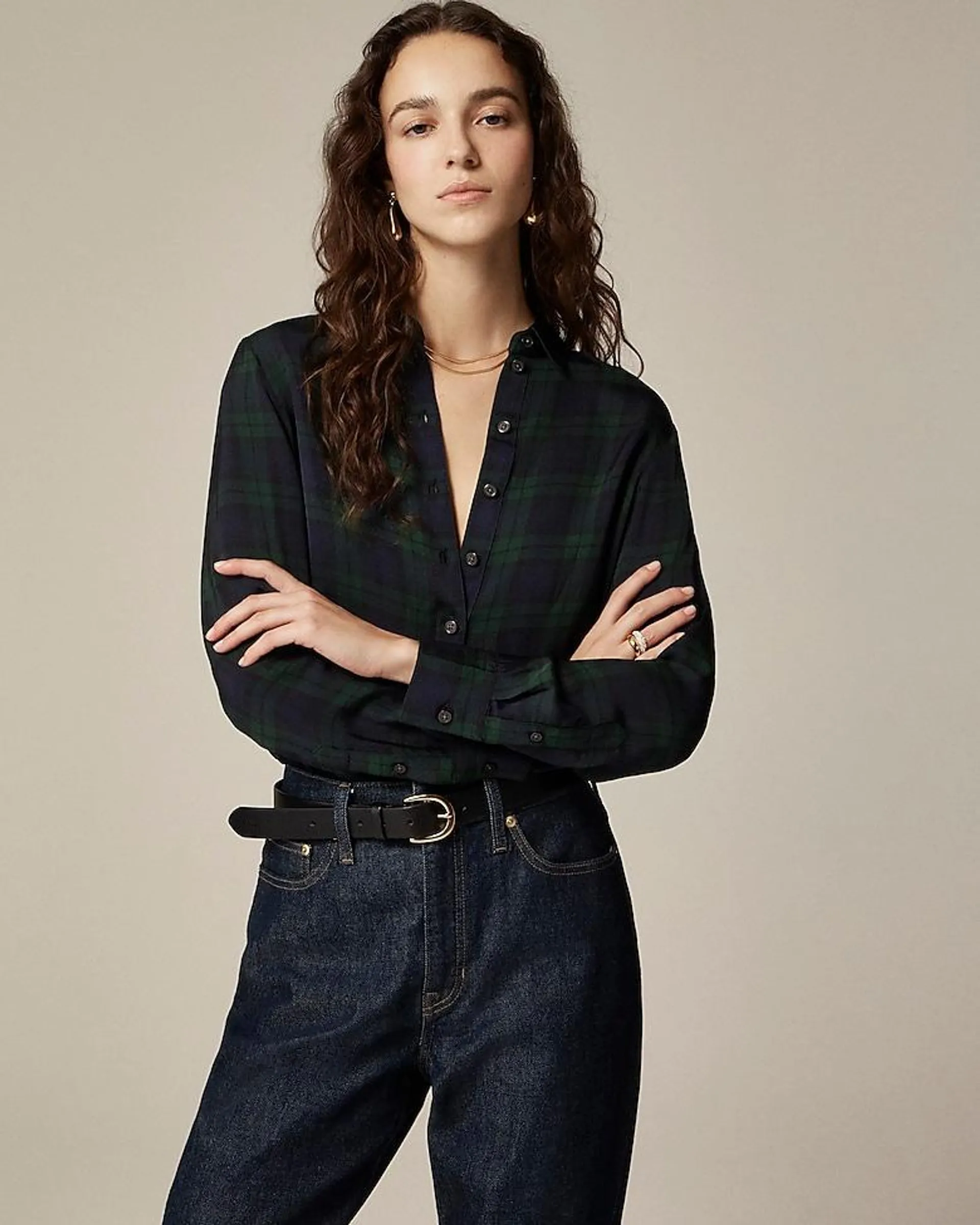 Drapey button-up shirt in Black Watch tartan