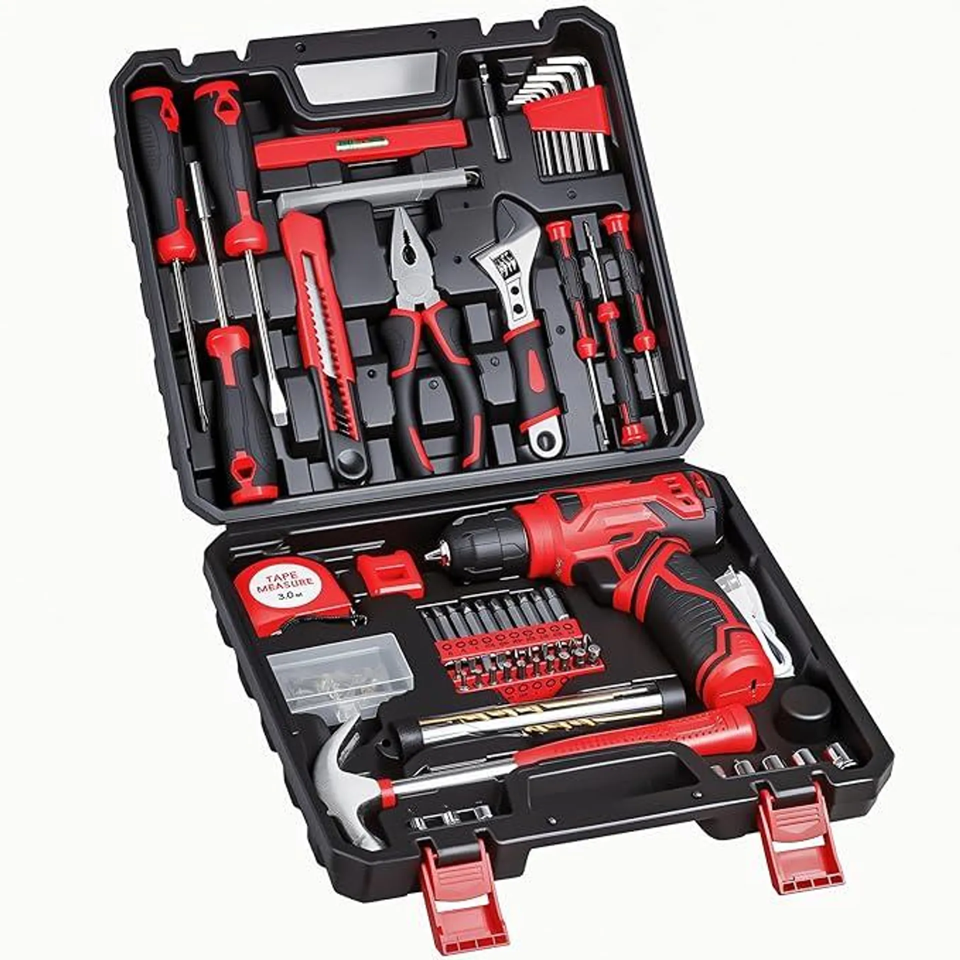 Tool Set - Tool Kit with 8V Cordless Drill, 132 Piece Tool Box with Drill, Home Tool Kits for Men & Women, Hand Drill Set Perfect for Homeowner, Diyer, Handyman - Red