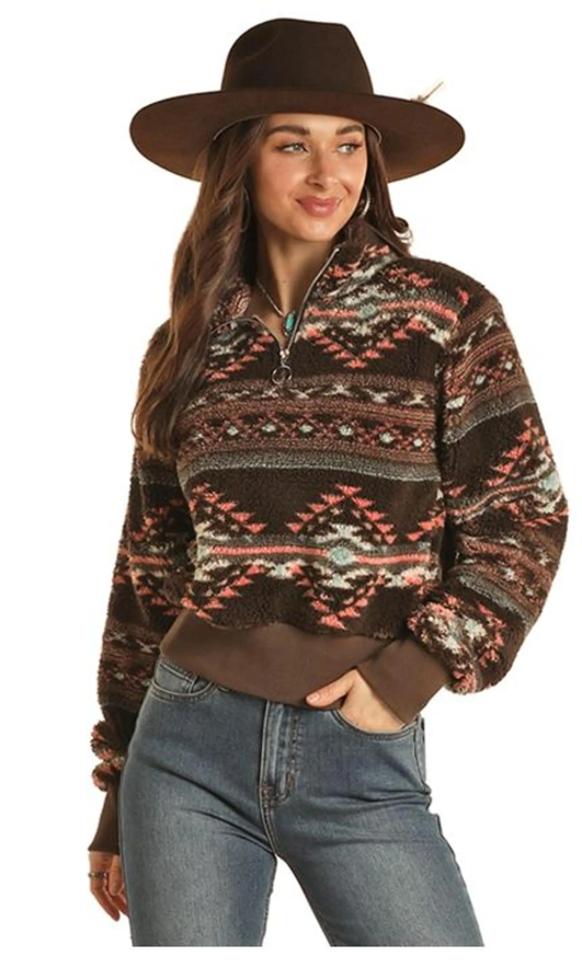 Rock & Roll Cowgirl Women's 1/4 Zip Chocolate and Coral Aztec Print Sherpa Pullover