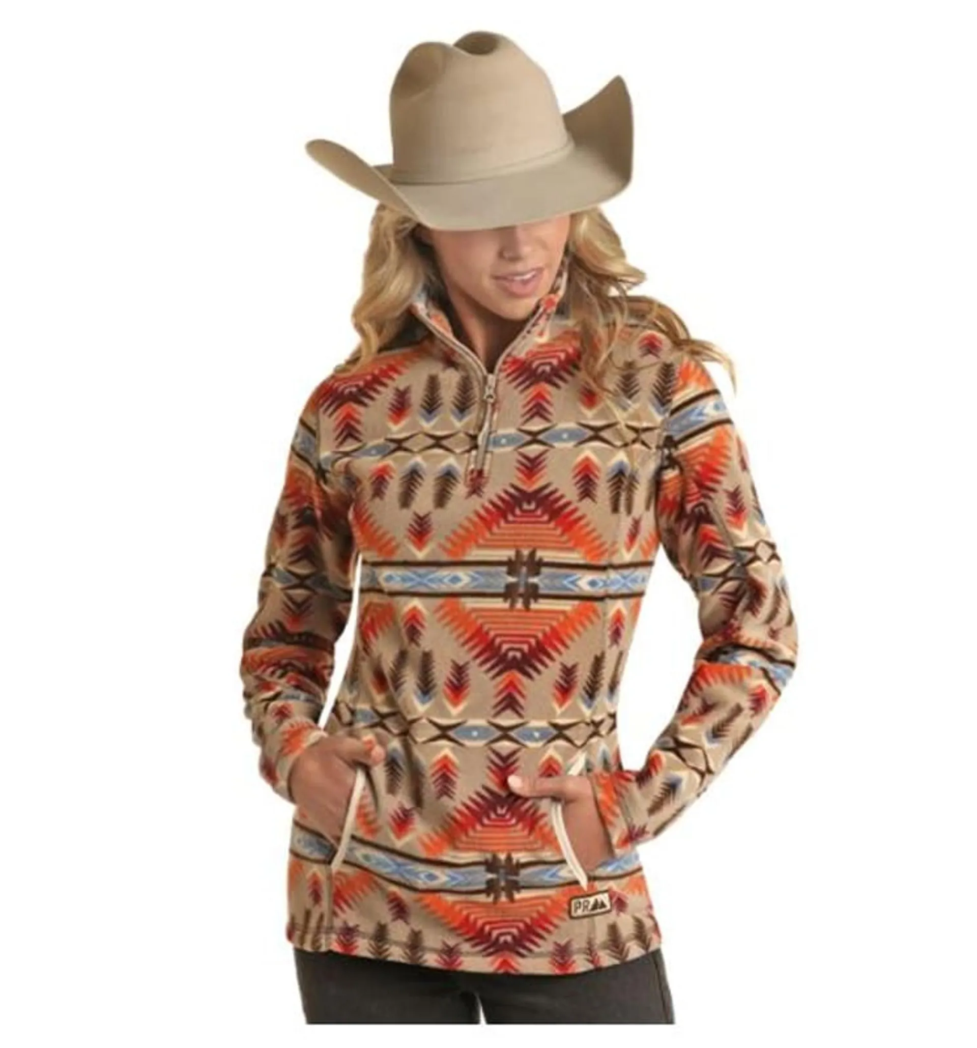 Powder Rivers Outfitters Womens Tan Aztec Fleece Pullover