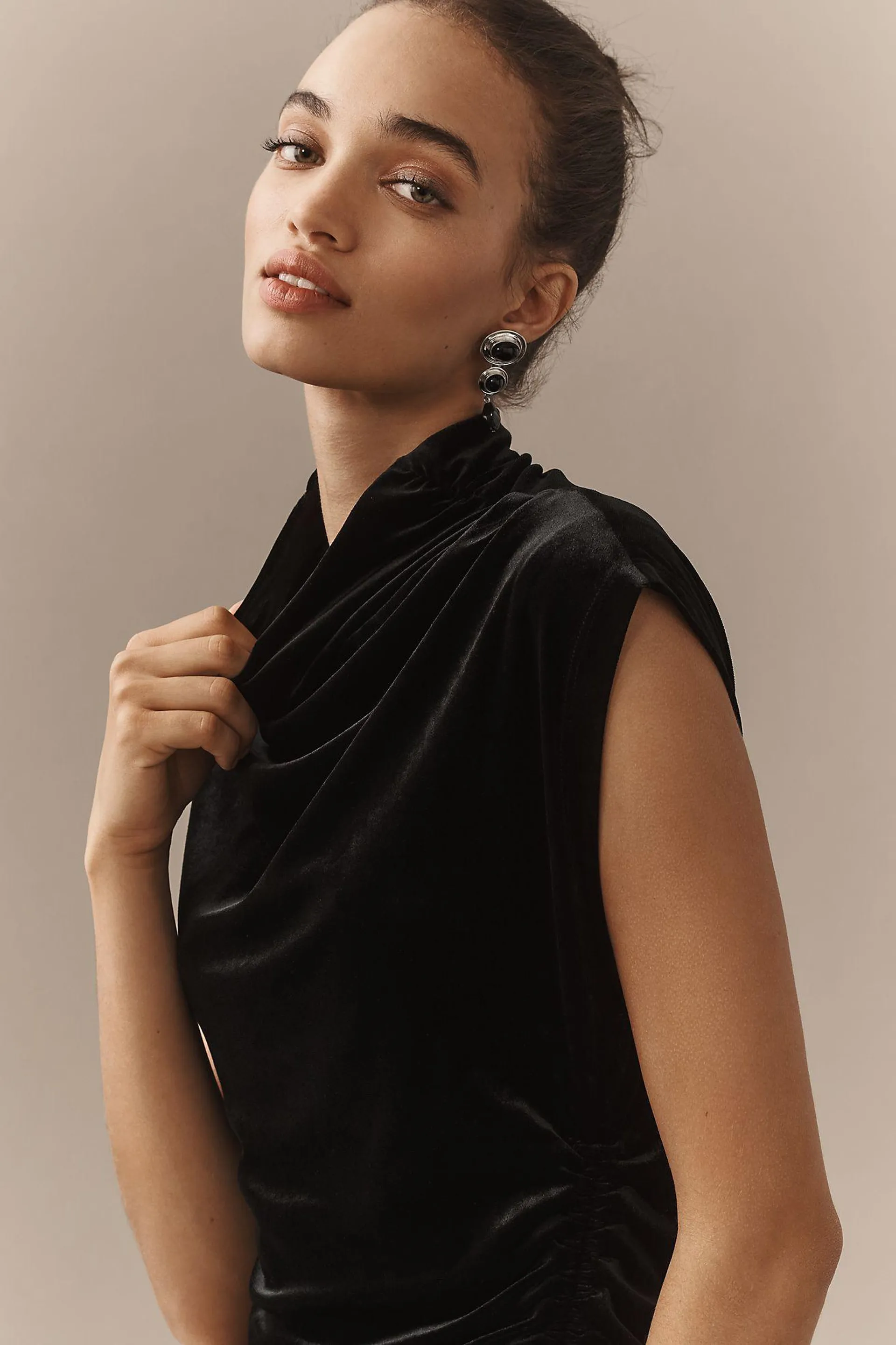 The Maya Ruched Cowl-Neck Dress: Stretch Velvet Edition