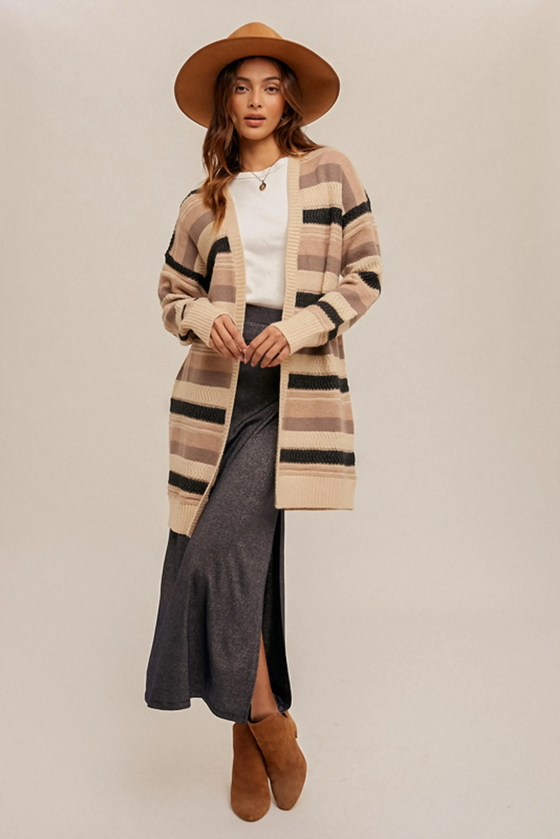 Hem & Thread Womens Mocha Striped Long Cardigan